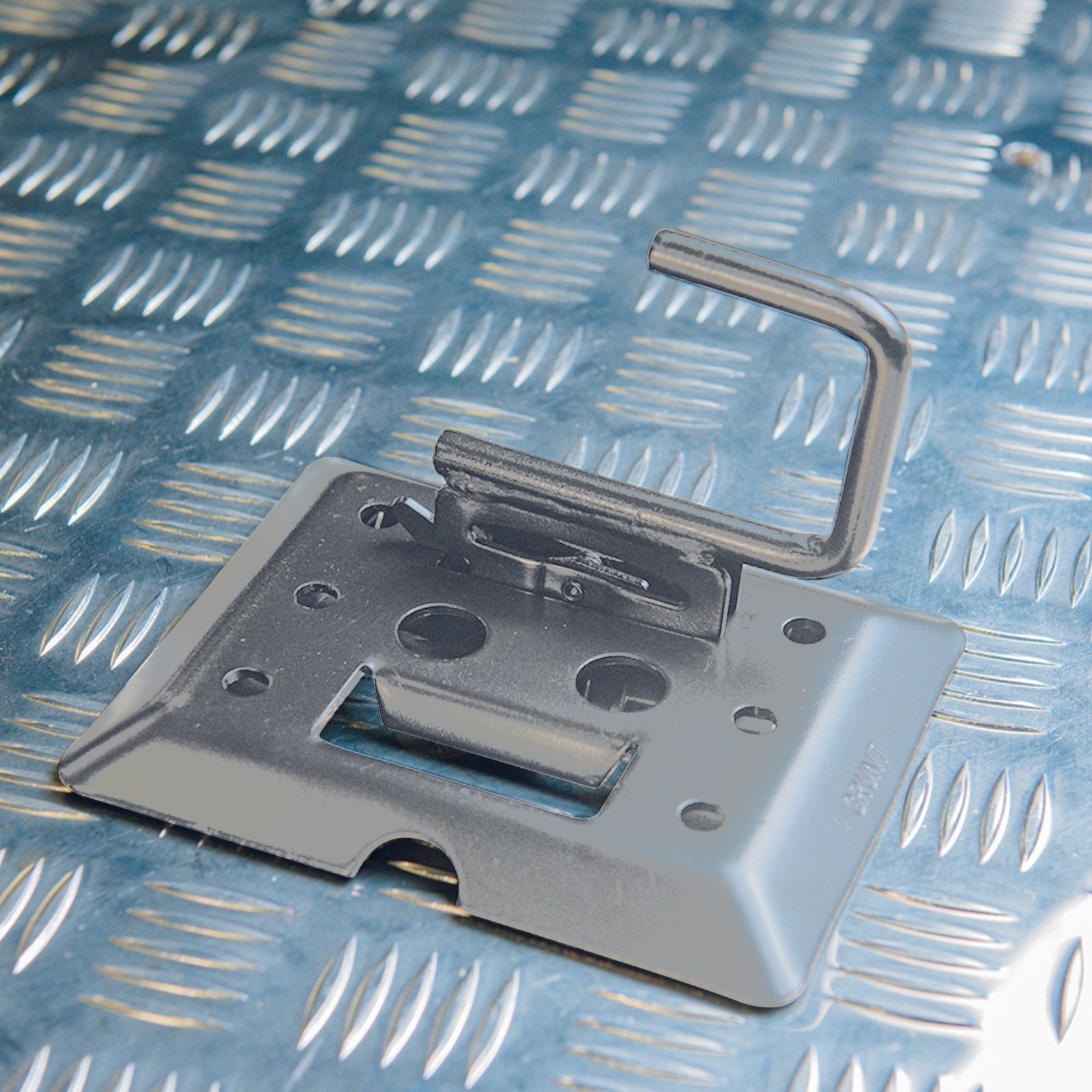 GRUNT 100mm E Track U Hook Fitting – versatile U-hook E-Track fitting for attaching nets, ropes, and straps to E-Track cargo systems. Easy to insert and secure in any E-Track slot. Available at Bunnings AU.