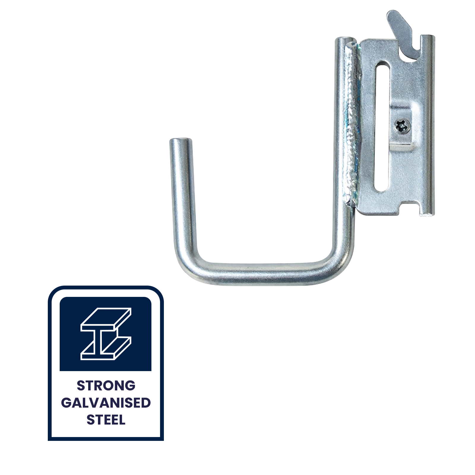 GRUNT 100mm E Track U Hook Fitting – versatile U-hook E-Track fitting for attaching nets, ropes, and straps to E-Track cargo systems. Easy to insert and secure in any E-Track slot. Available at Bunnings AU.