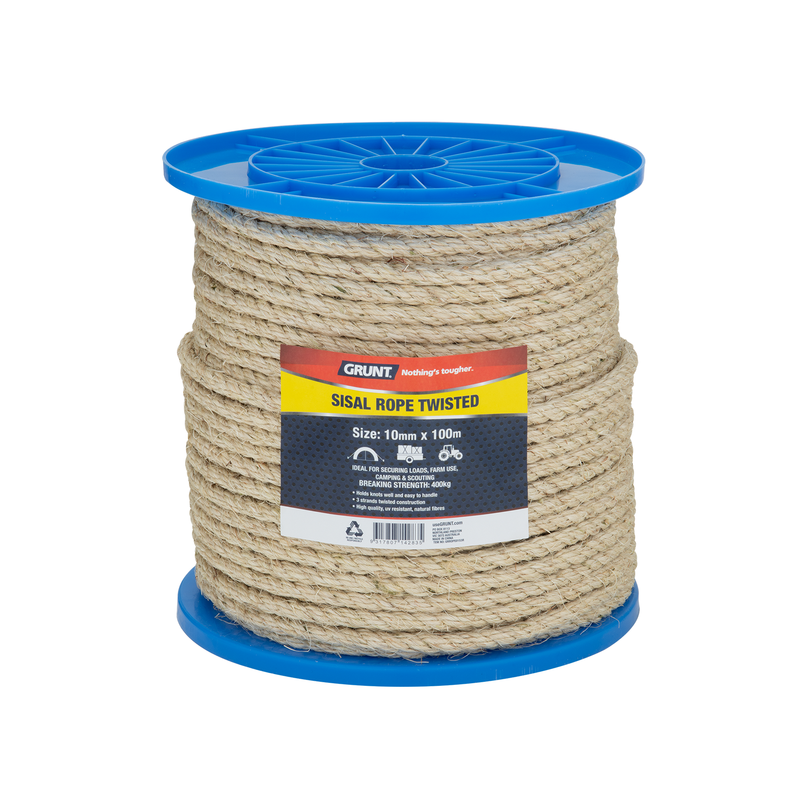 GRUNT 10mm x 100m Natural Twisted Sisal Rope – bulk reel of thick natural sisal rope for commercial cat furniture, landscaping, and large-scale craft projects. Eco-friendly and biodegradable. Available at Bunnings AU.