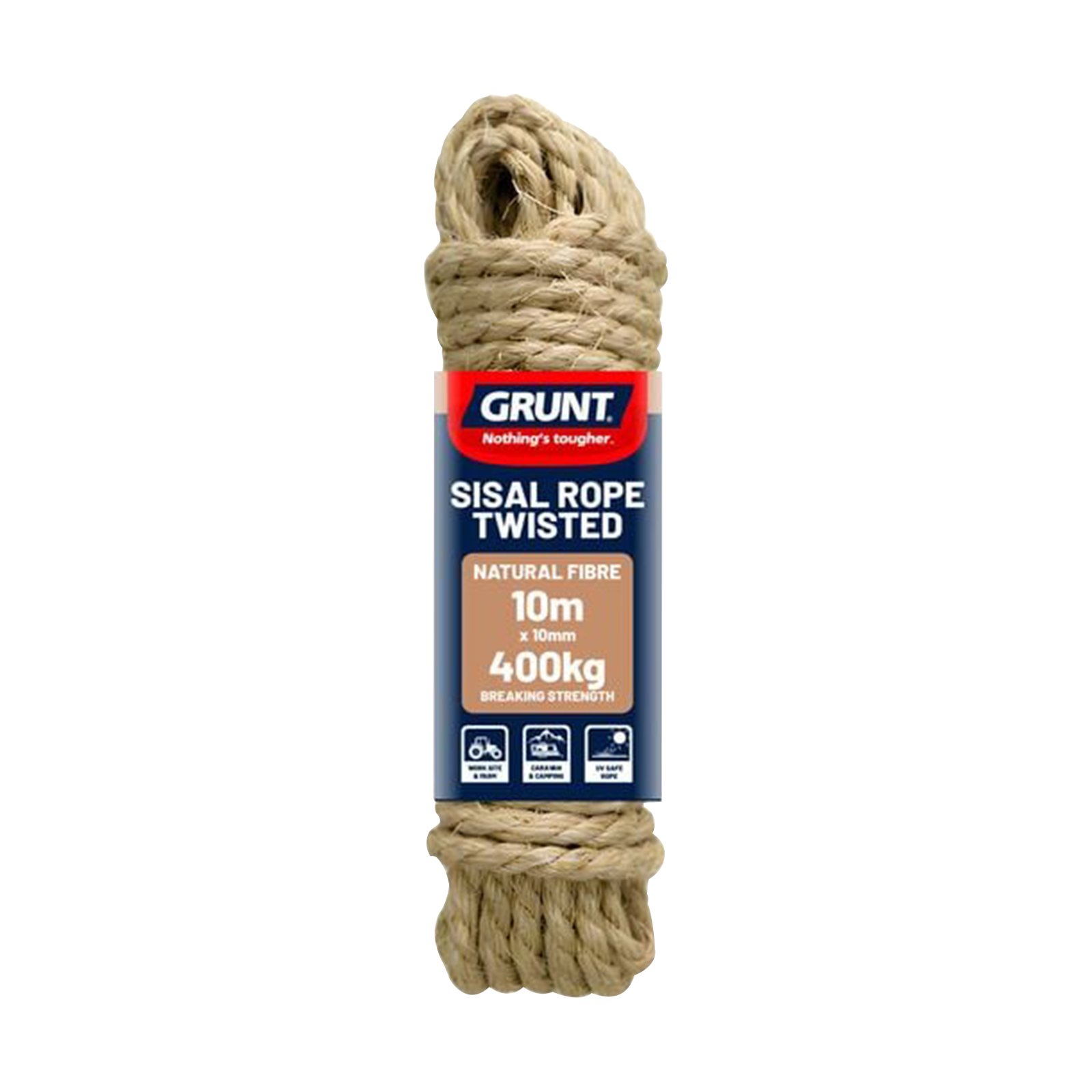 GRUNT 10mm x 10m Natural Sisal Twisted Rope – thick natural fibre sisal rope for heavy-duty cat scratching posts, decor, and rustic DIY projects. Biodegradable and sustainable. Available at Bunnings AU and NZ.