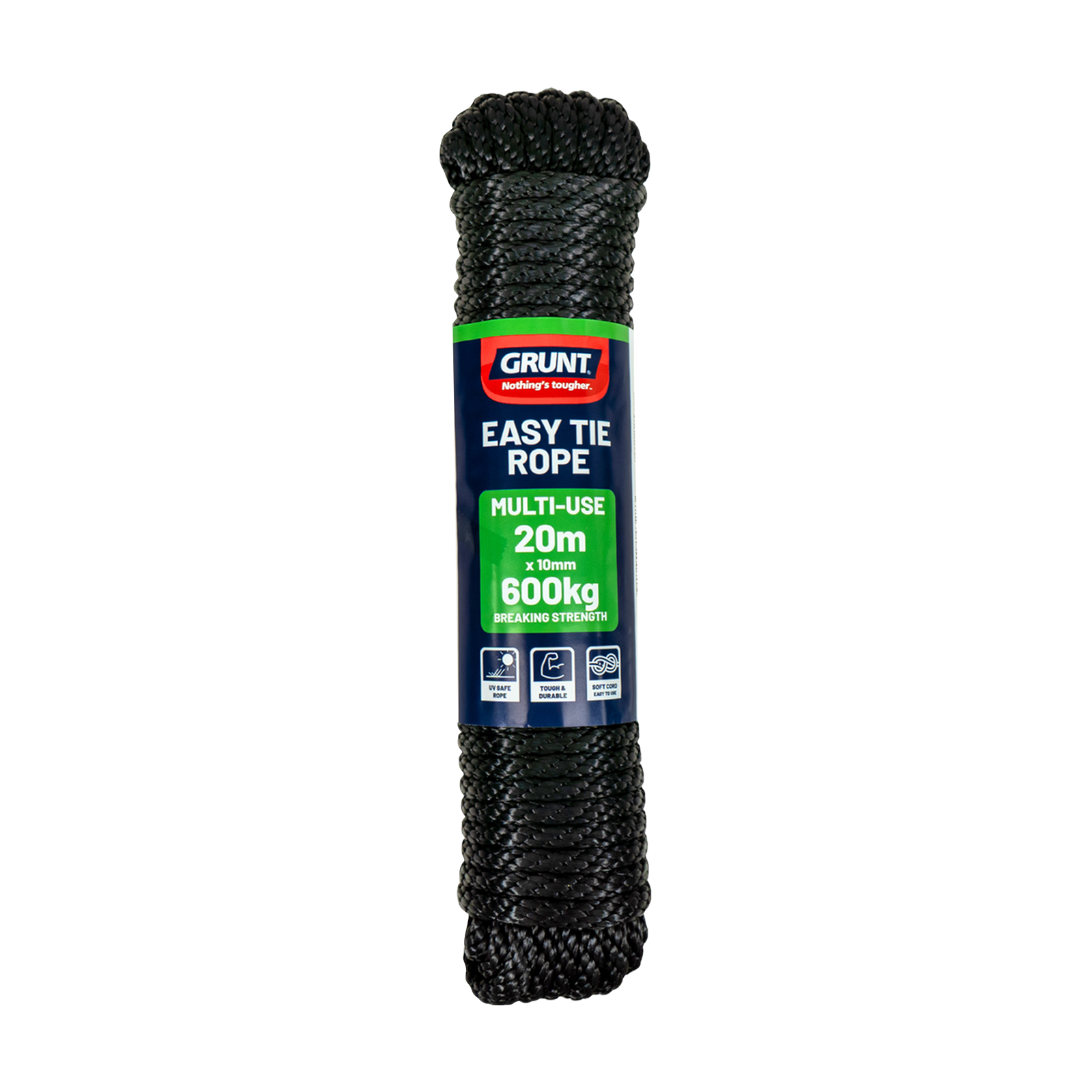 GRUNT 10mm x 20m Black Easy Tie Rope – soft, flexible rope for easy knotting and load securing. Ideal for camping, general outdoor, and DIY tie-down applications. Available at Bunnings AU and NZ.