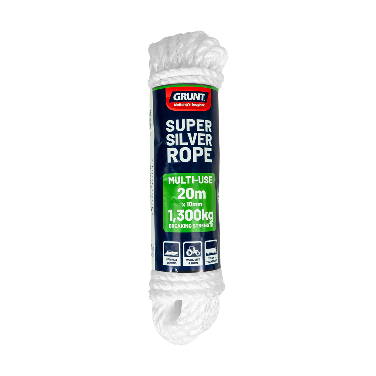 GRUNT 10mm x 20m White Super Silver Rope – thick UV-resistant polypropylene rope for heavy-duty outdoor securing, towing, and construction use. High-tensile strength for professionals. Available at Bunnings AU and NZ.