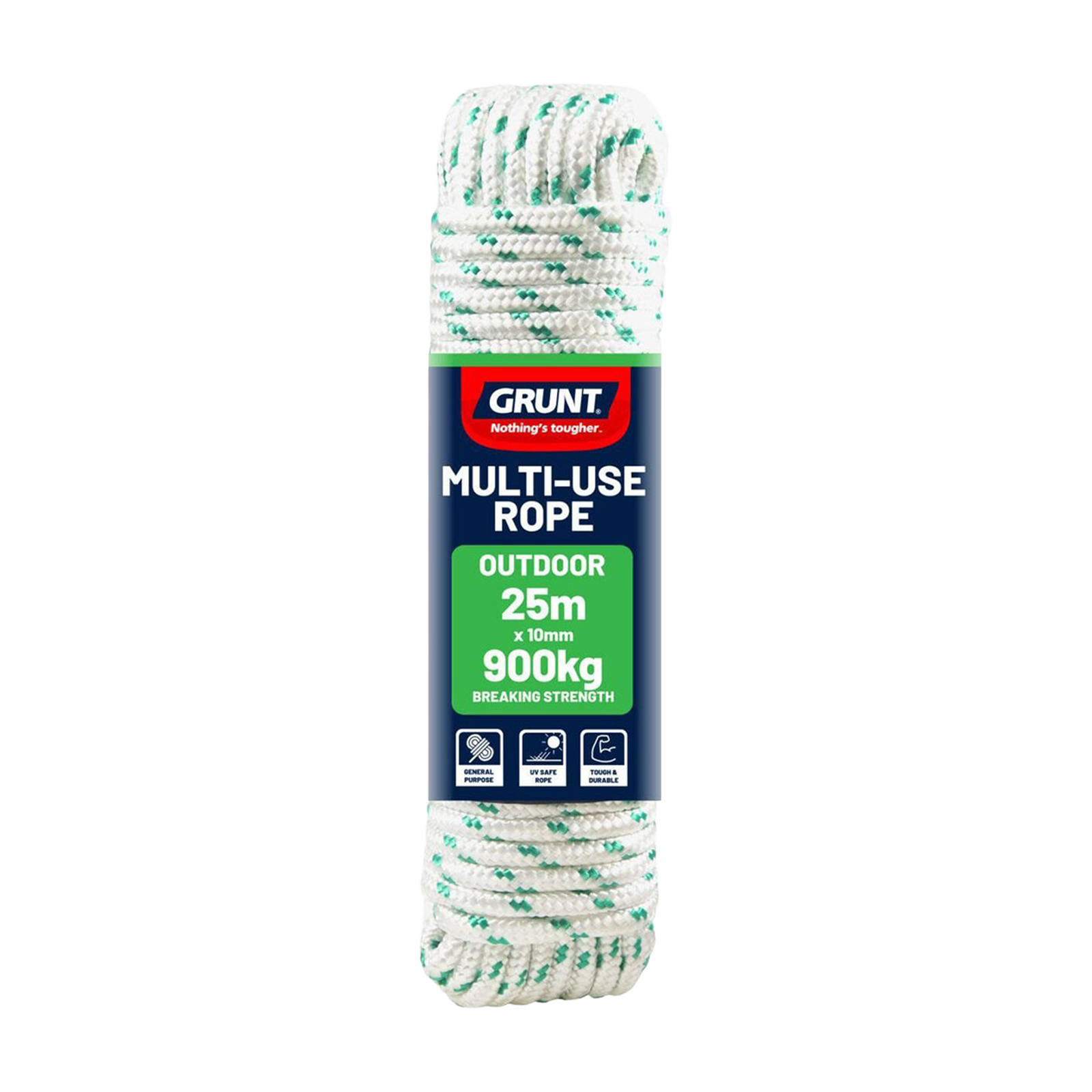 GRUNT 10mm x 25m White and Green Outdoor Rope – extra-thick, high-tensile twisted rope for heavy-duty securing, towing, and load restraint. Built for tradies and outdoor professionals. Available at Bunnings AU and NZ.