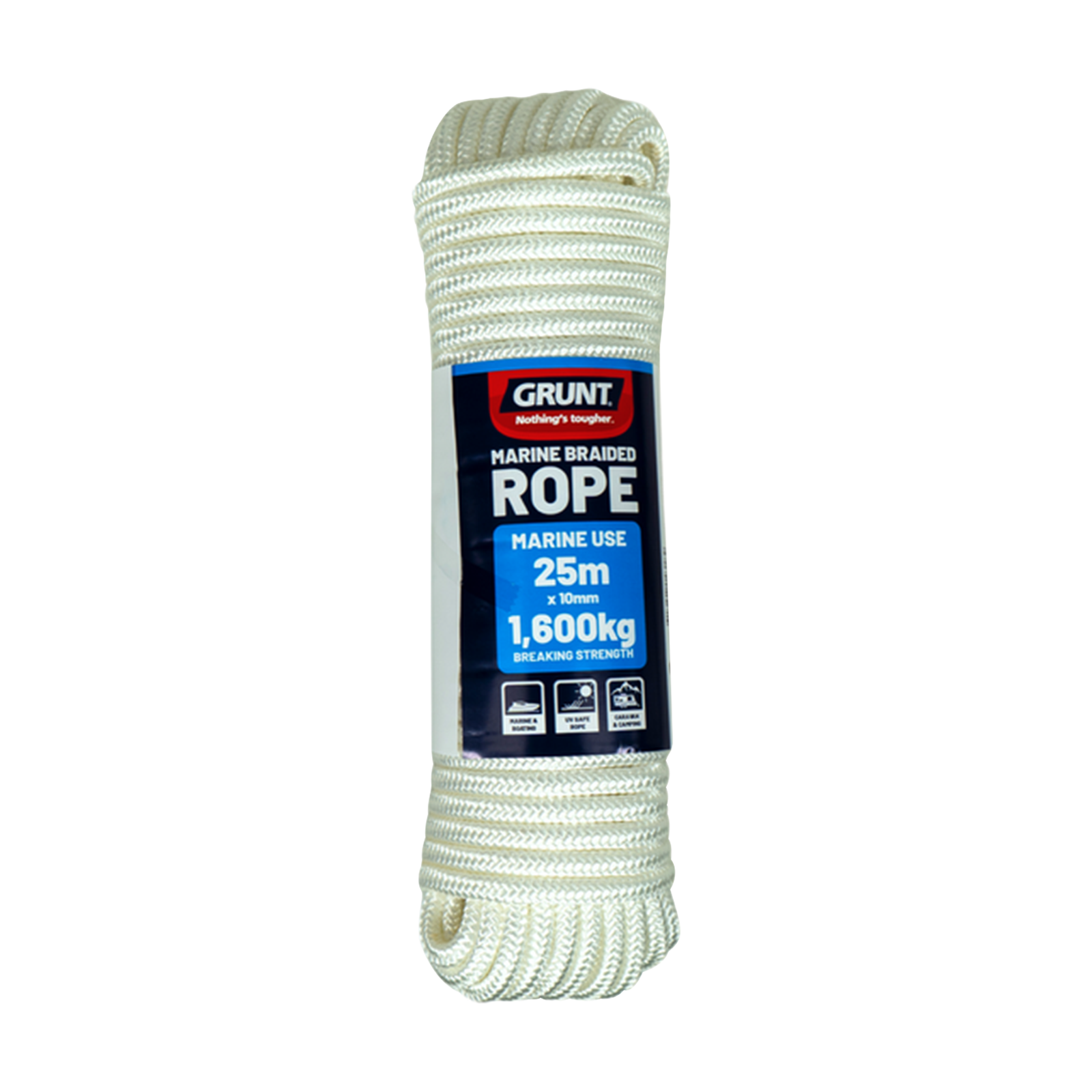 GRUNT 10mm x 25m White Braided Marine Rope – heavy-duty braided rope for mooring, anchoring, and boating use. Water-resistant, UV-stable, and high-tensile. Available at Bunnings AU and NZ.