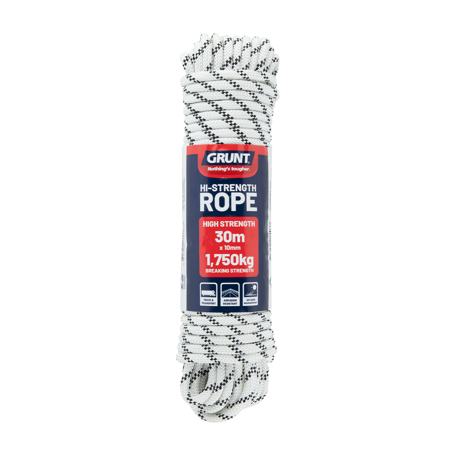 GRUNT 10mm x 30m White High Strength Rope – extra-thick, high-tensile UV-stabilised rope for towing, fencing, and load restraint. Built to perform in tough outdoor conditions. Available at Bunnings AU and NZ.