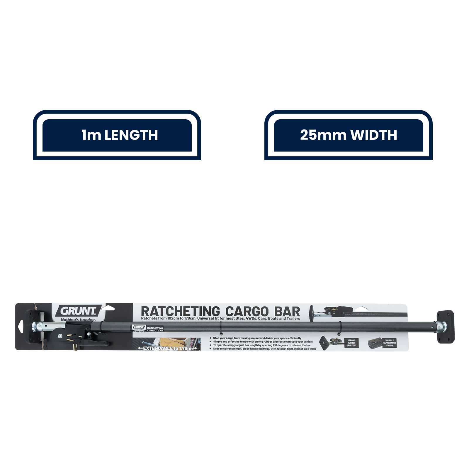 GRUNT 115mm Ratcheting Cargo Bar – adjustable spring-loaded cargo bar for securing loads in vans, utes, and trailers. Prevents load shifting without straps. Tool-free installation. Available at Bunnings AU and NZ.