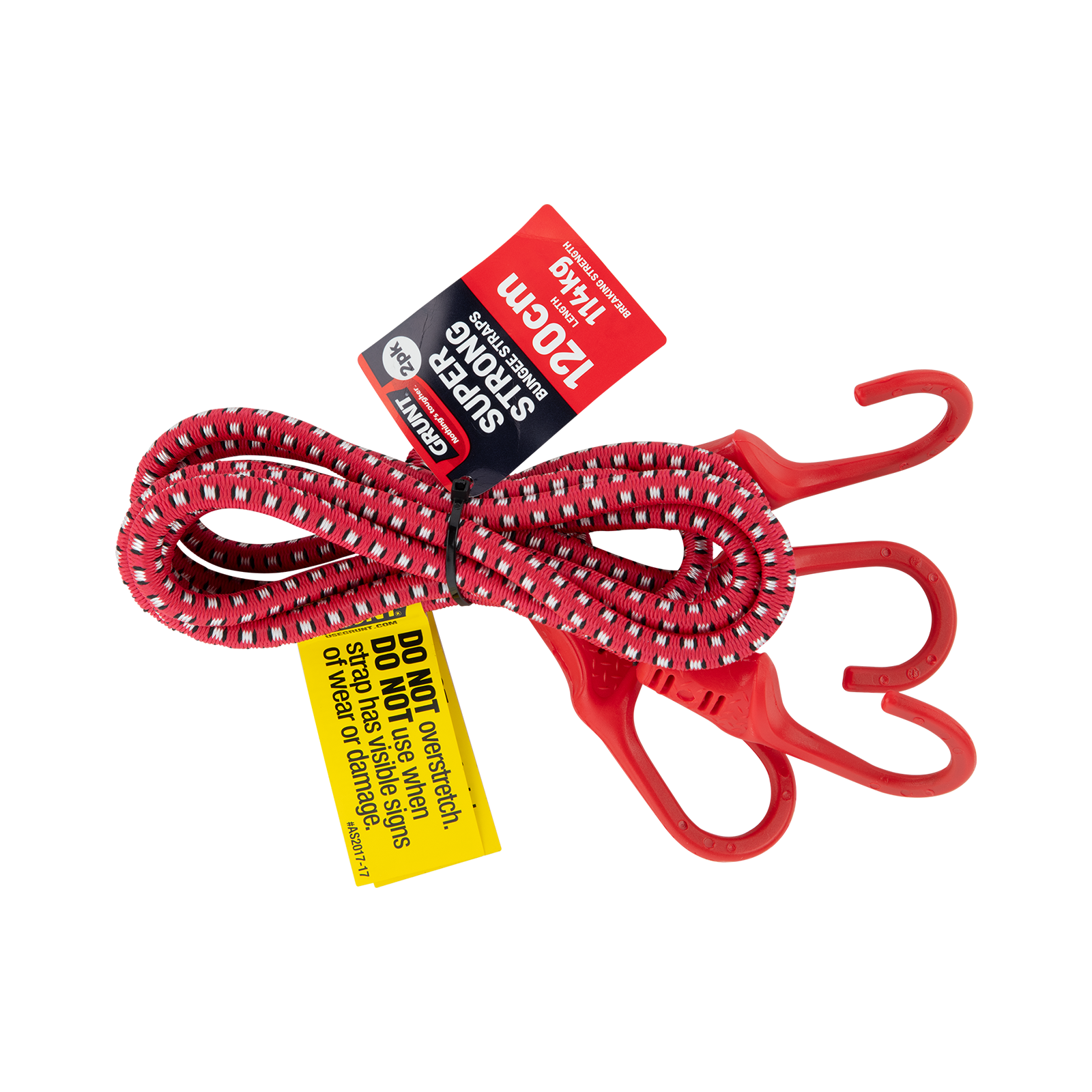 GRUNT 1200mm Red and Black Octopus Tie Down Straps 2-Pack – long multi-hook elastic bungee straps for securing large loads and bulky cargo on racks and trailers. High-visibility red for easy identification. Available at Bunnings AU and NZ.