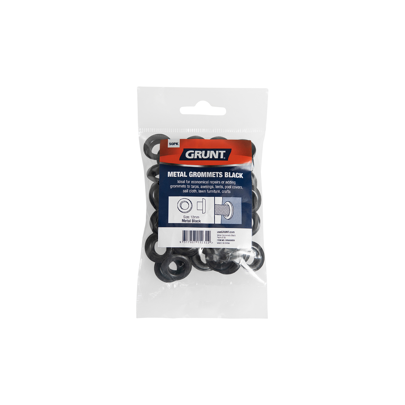 Grunt 12mm Black Webbing Grommets 50 - Pack