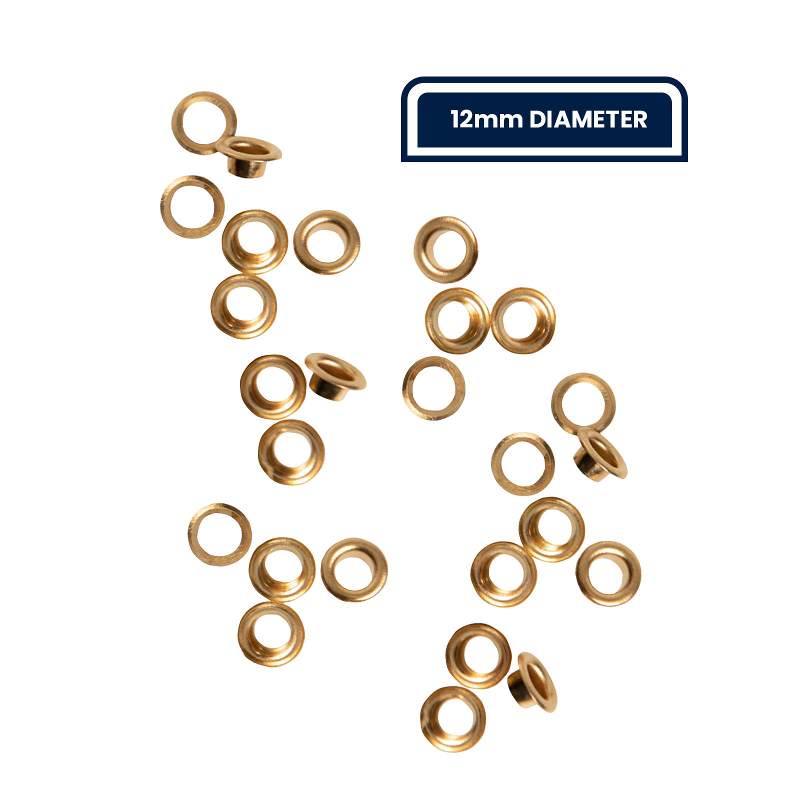 GRUNT 12mm Brass Webbing Grommets 50-Pack – bulk pack of large brass grommets for reinforcing tarps, canvas, sails, and heavy fabric. Rust-resistant and easy to set. Available at Bunnings AU.