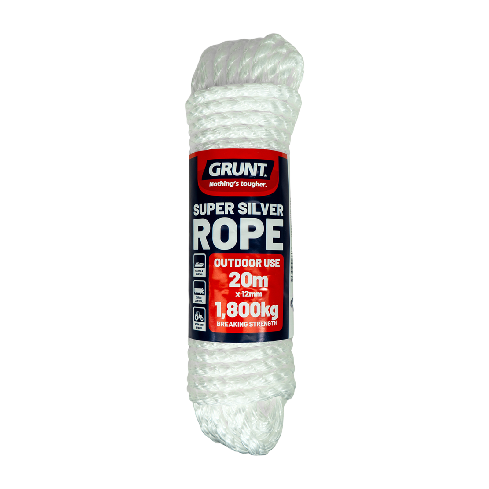 GRUNT 12mm x 20m White Super Silver Rope – premium thick UV-stable polypropylene rope for heavy-load securing, towing, and demanding outdoor applications. Maximum strength for professionals. Available at Bunnings AU and NZ.