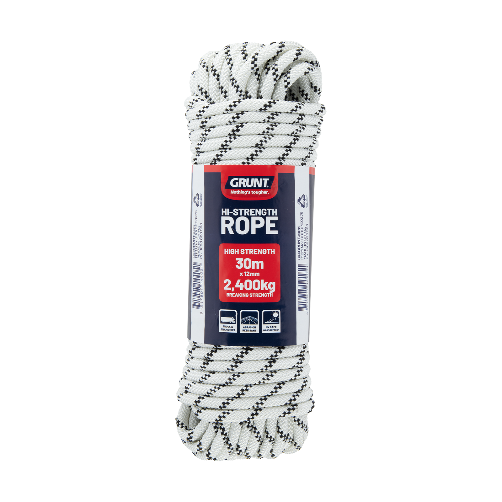 GRUNT 12mm x 30m White High Strength Rope – premium thick UV-resistant polypropylene rope for demanding load-bearing, marine, and industrial applications. Maximum strength for professionals. Available at Bunnings AU and NZ.