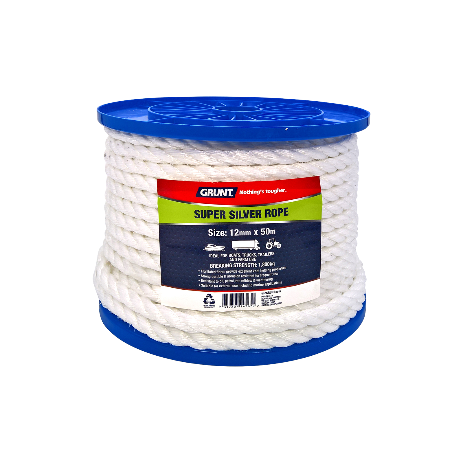 GRUNT 12mm x 50m Super Silver Rope Reel – premium bulk reel of heavy-duty 12mm polypropylene rope for trade and construction applications. UV-resistant with high tensile strength. Available at Bunnings AU.
