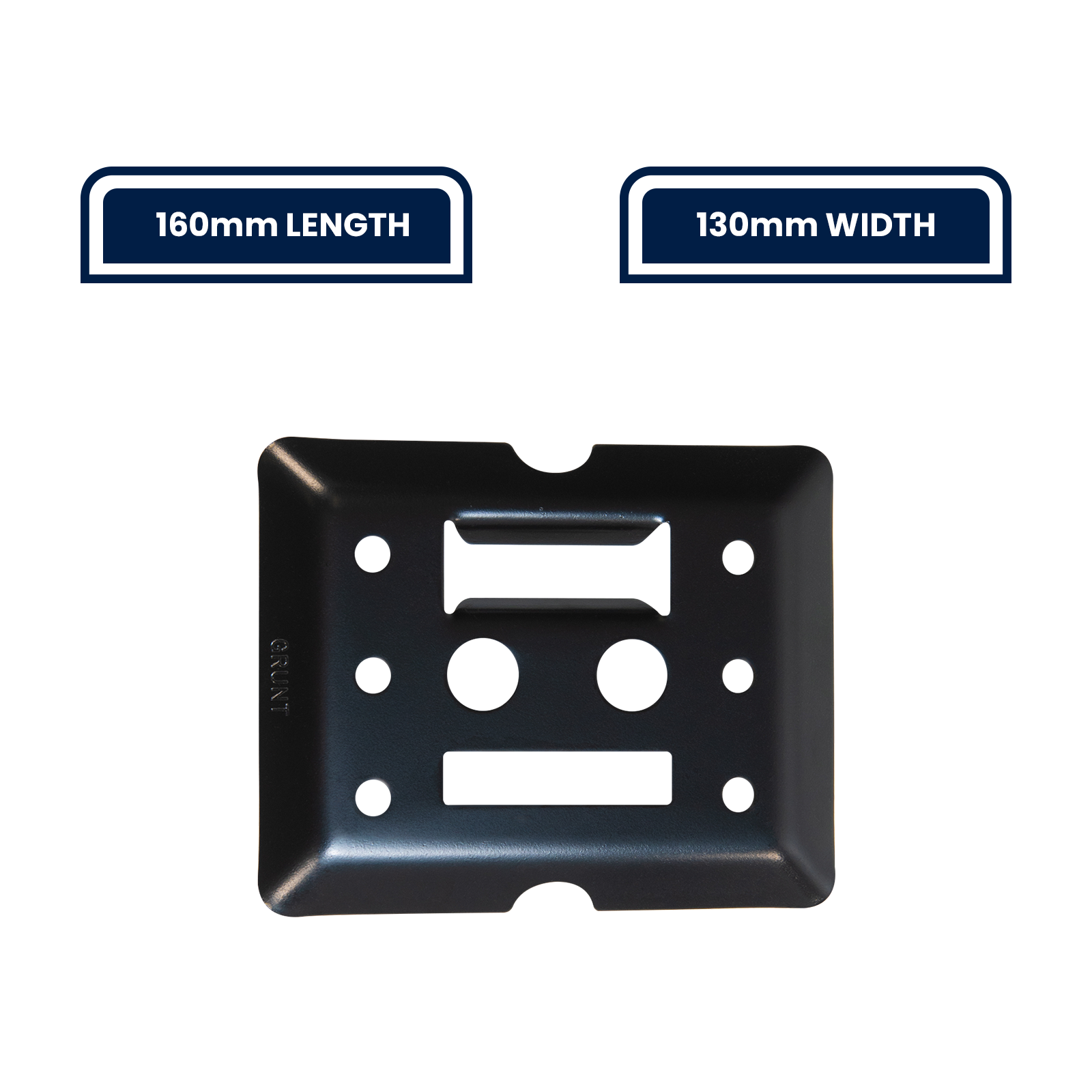 GRUNT 130mm x 160mm Black E Track Versatile Fixing Plate – universal black E-Track mounting plate for trailer and van cargo systems. Maximises tie-down point flexibility for secure load management. Available at Bunnings AU and NZ.
