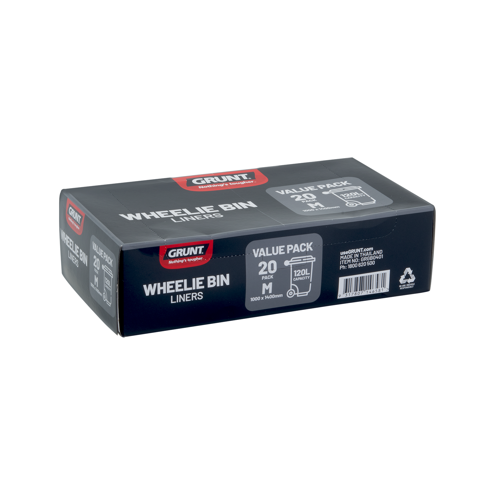 GRUNT 120L Black Wheelie Bin Liner 20-Pack – heavy-duty bin liners for 120L wheelie bins. Strong, puncture-resistant bags for council and commercial waste collection. Available at Bunnings AU and NZ.