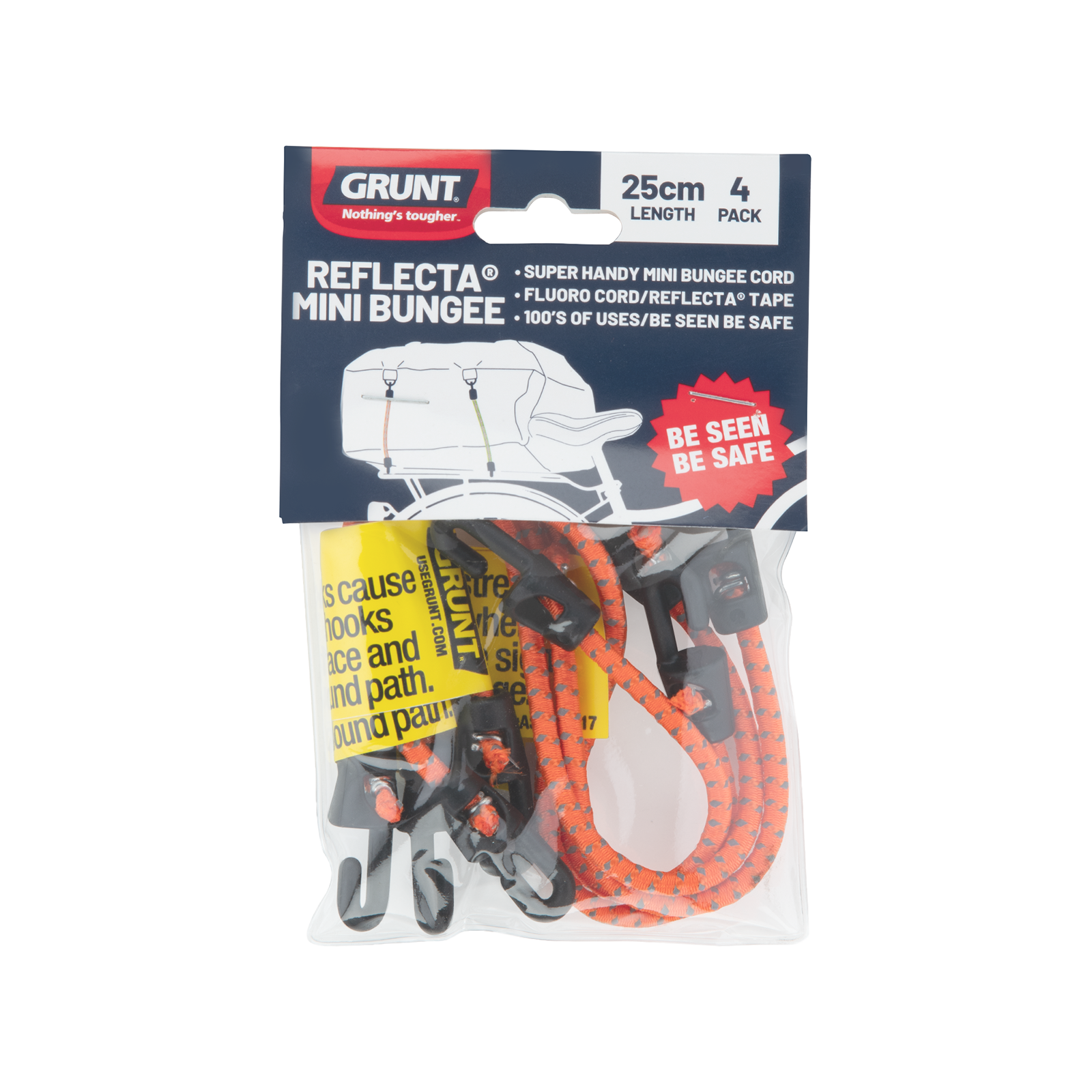 GRUNT 140mm Mini Reflecta Flat Bungee Strap 4-Pack – compact high-visibility mini bungee straps for light load securing, cable management, and general-purpose bundling. Reflective for night safety. Available at Bunnings AU and NZ.