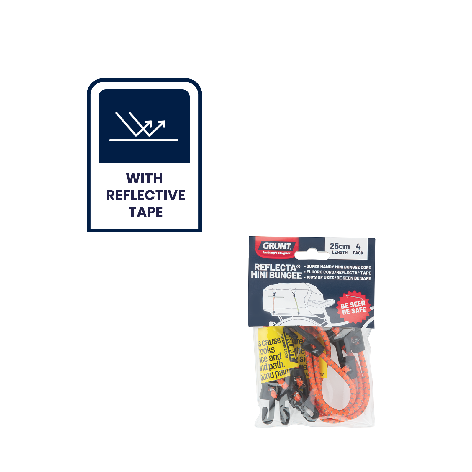 GRUNT 140mm Mini Reflecta Flat Bungee Strap 4-Pack – compact high-visibility mini bungee straps for light load securing, cable management, and general-purpose bundling. Reflective for night safety. Available at Bunnings AU and NZ.