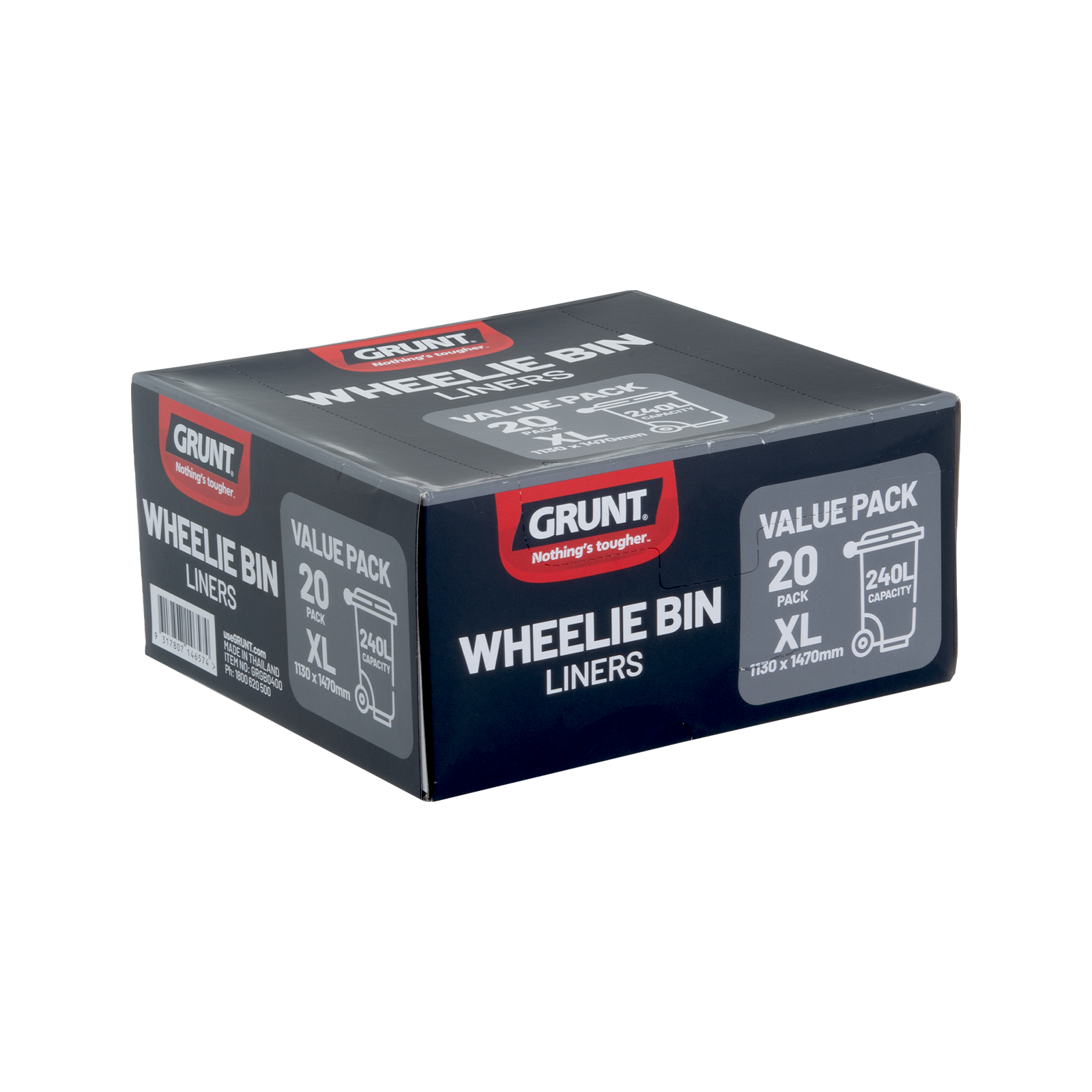 GRUNT 240L Black Large Wheelie Bin Liner 20-Pack – extra-large heavy-duty bin liners for 240L wheelie bins. Puncture-resistant for heavy household and commercial waste. Available at Bunnings AU and NZ.