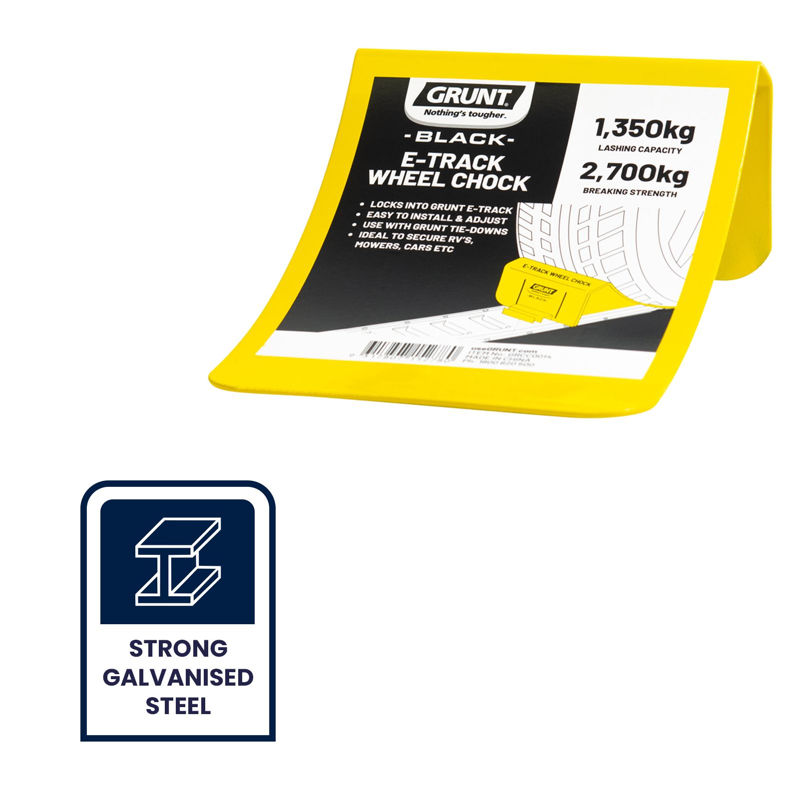 GRUNT 167mm E Track Wheel Chock – E-Track compatible wheel chock for securing motorcycles and wheeled equipment during transport. Prevents forward/backward movement on trailer beds. Available at Bunnings AU and NZ.