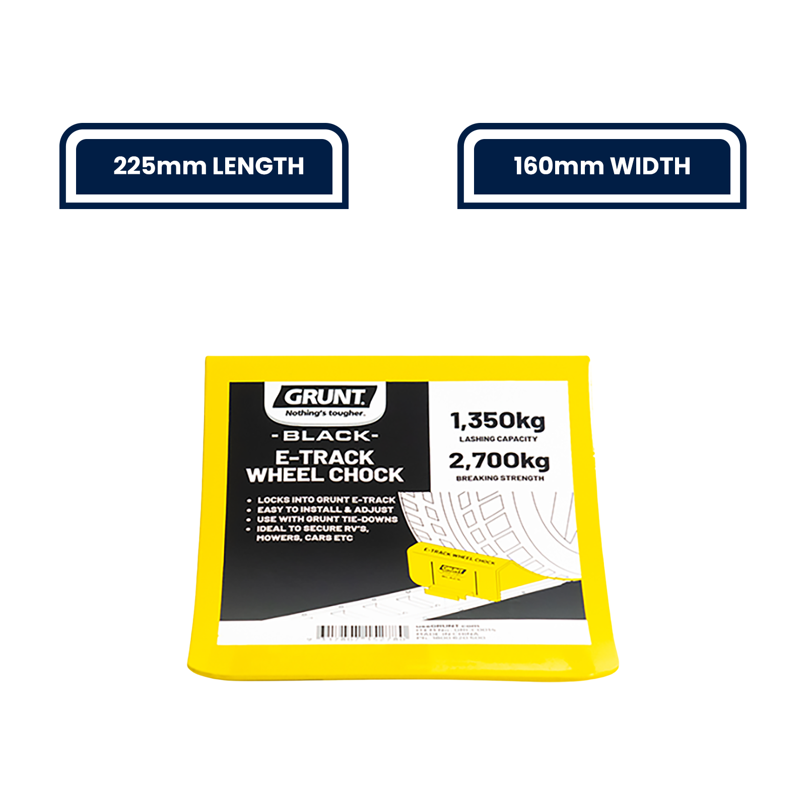 GRUNT 167mm E Track Wheel Chock – E-Track compatible wheel chock for securing motorcycles and wheeled equipment during transport. Prevents forward/backward movement on trailer beds. Available at Bunnings AU and NZ.