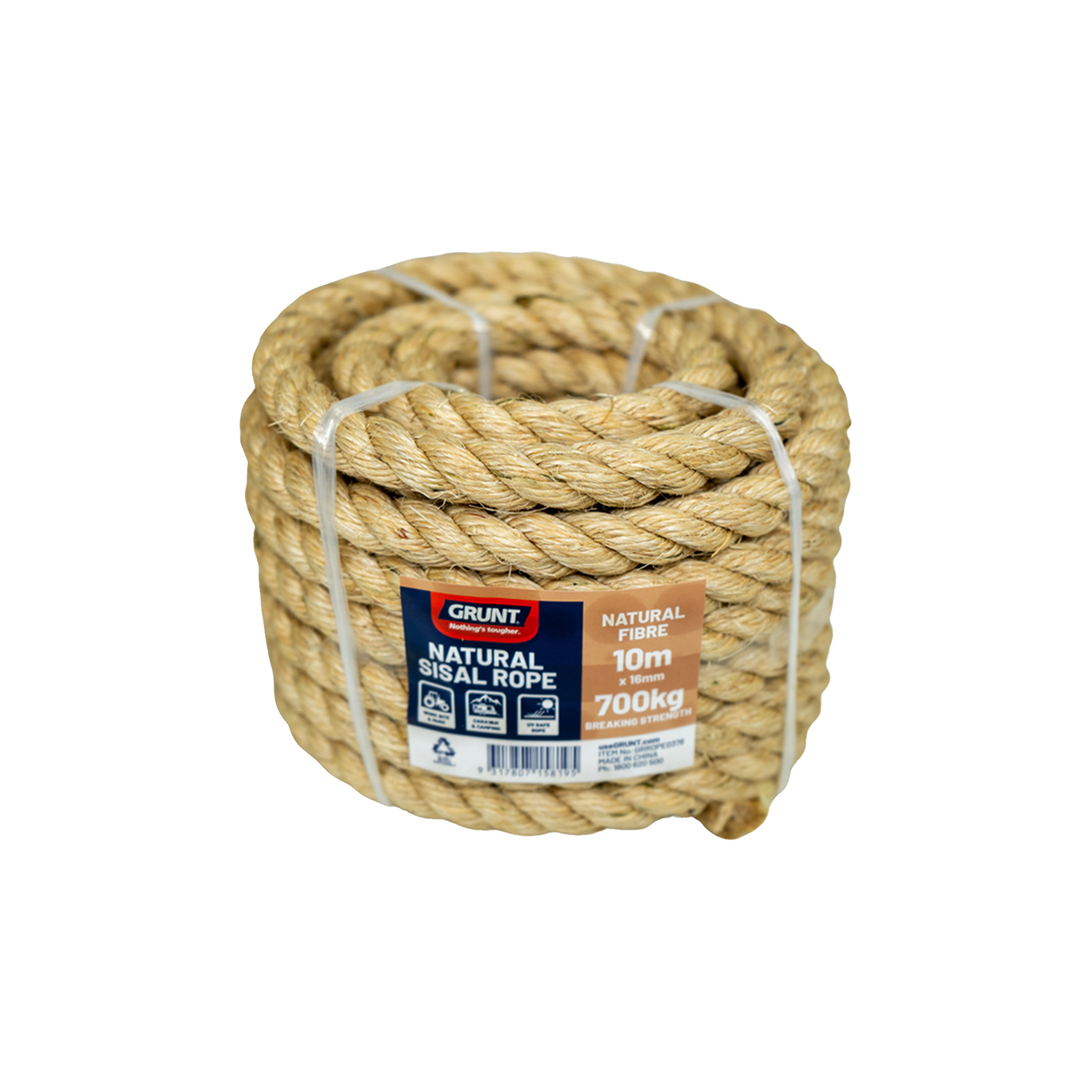 GRUNT 16mm x 10m Natural Sisal Twisted Rope – premium extra-thick sisal rope for commercial cat furniture, heavy nautical decor, and large-scale craft projects. Strong, natural, and eco-friendly. Available at Bunnings AU and NZ.