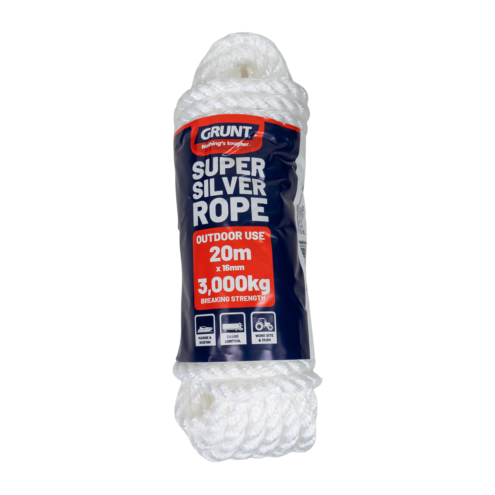 GRUNT 16mm x 20m White Super Silver Rope – extra-thick heavy-duty polypropylene rope for industrial, marine, and commercial load restraint. Top-of-range rope for the toughest jobs. Available at Bunnings AU and NZ.