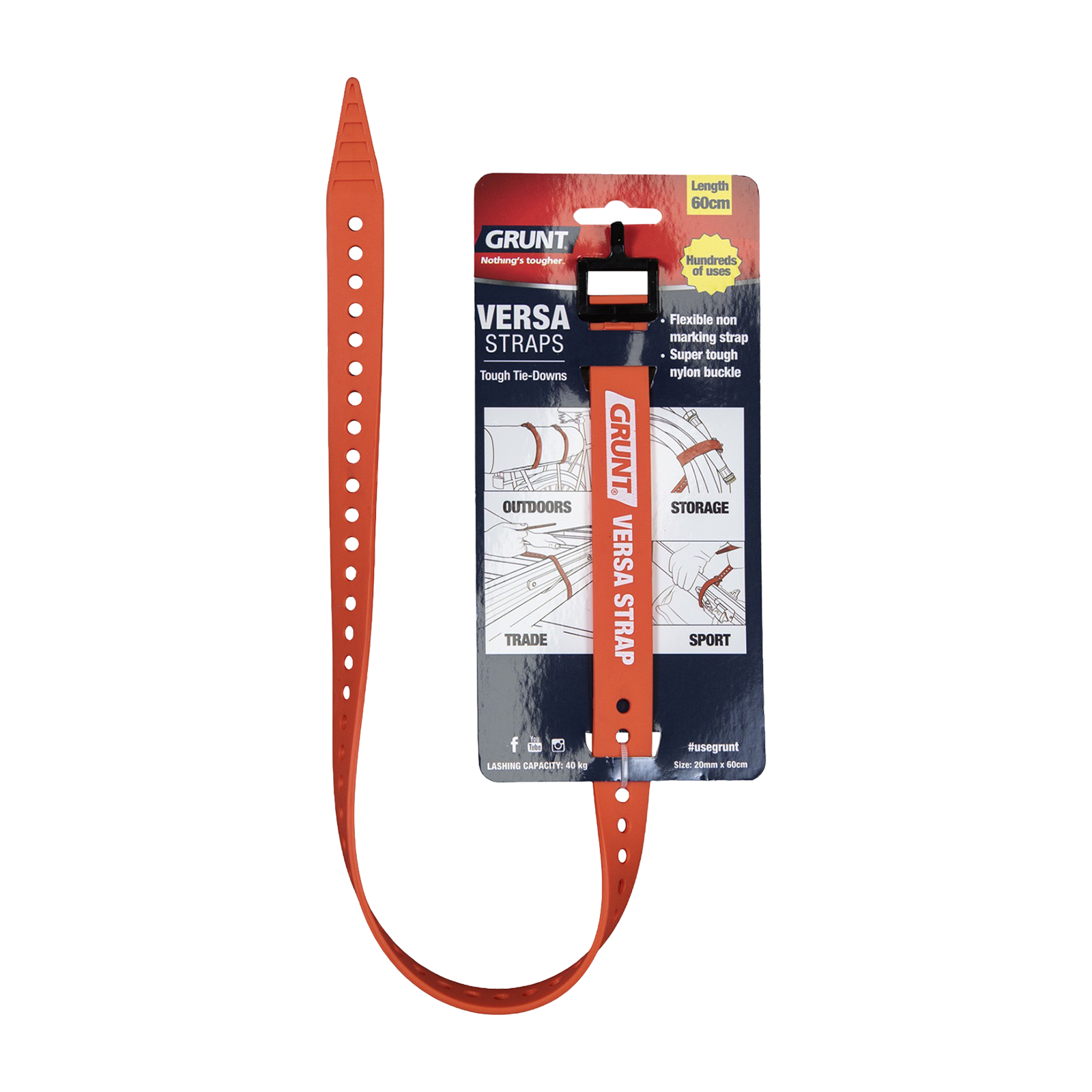 GRUNT 20mm x 60cm Orange Versa Strap – medium-length reusable hook-and-loop strap for bundling hoses, cables, and tools. Versatile for workshop, camping, and automotive applications. Available at Bunnings AU and NZ.