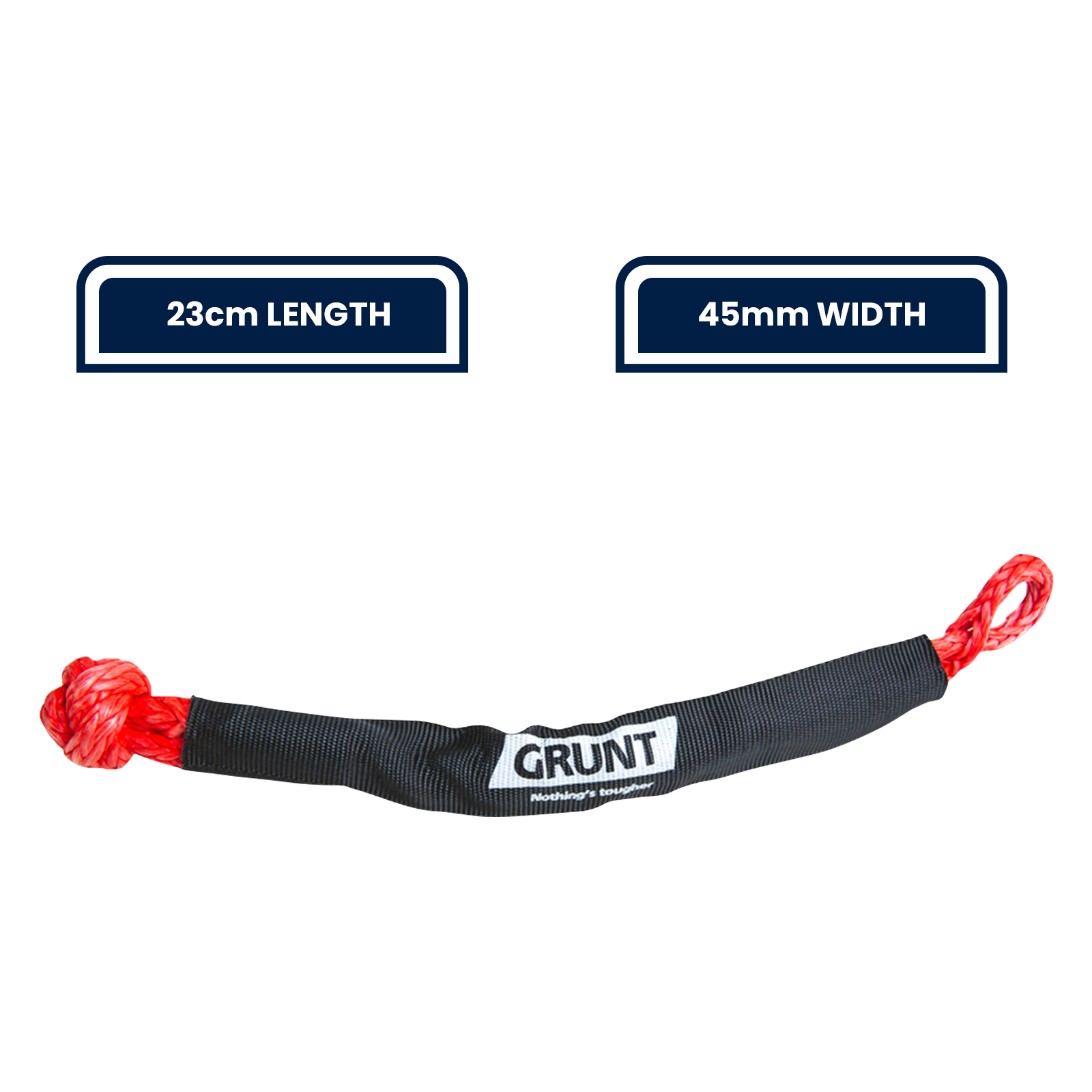 GRUNT 230mm Red and Black Soft Shackle – 8000kg rated synthetic fibre soft shackle for 4WD recovery and vehicle extraction. Lightweight, safe, and non-damaging alternative to steel shackles. Available at Bunnings AU and NZ.