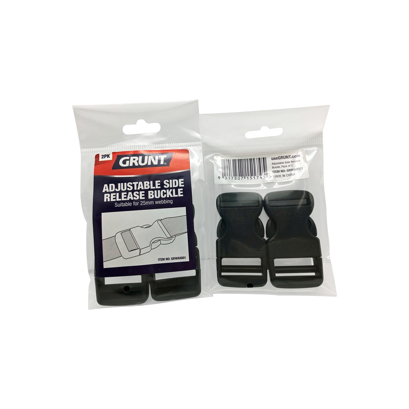 Grunt 25mm Black Single Adjustable Side Release Buckle 2 - Pack