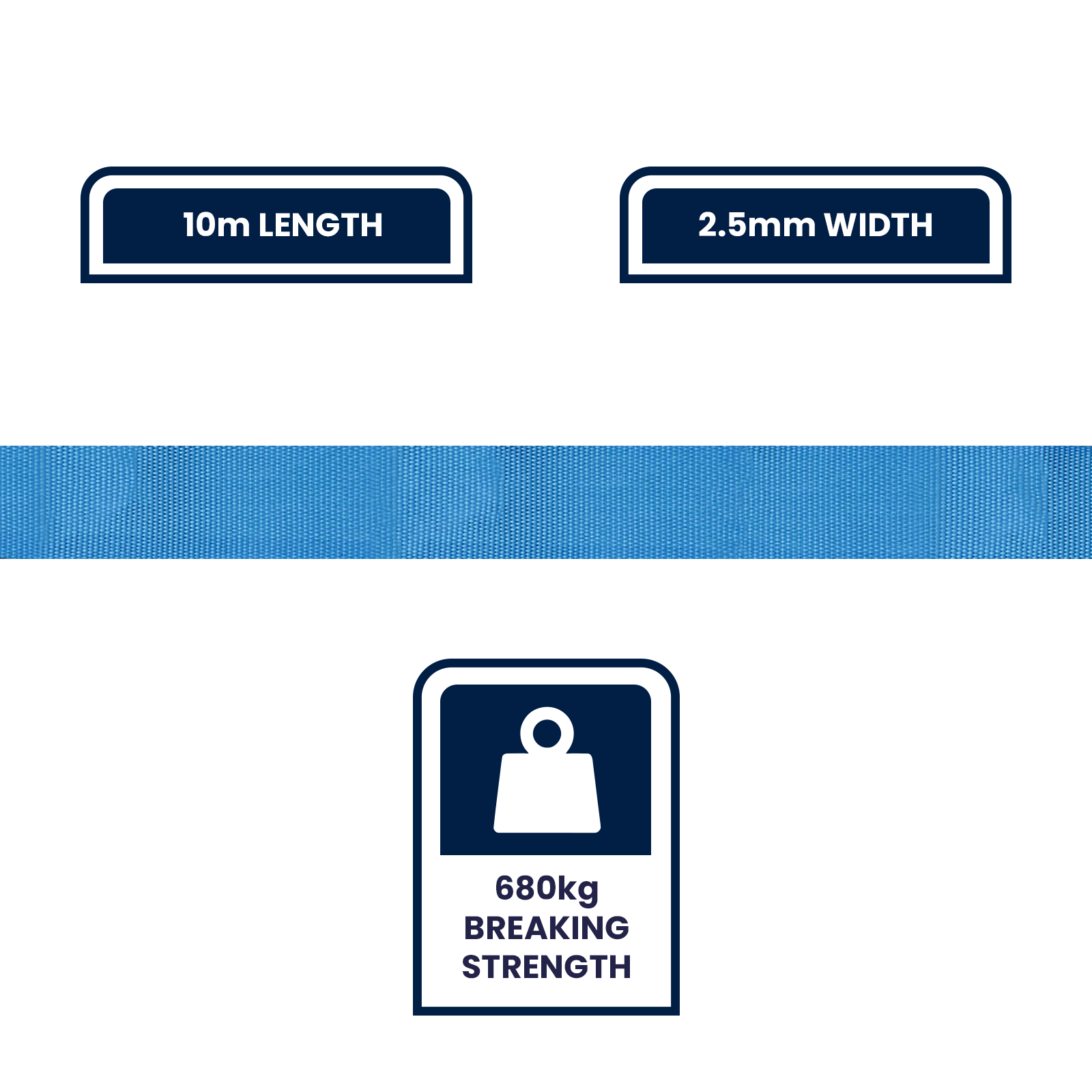 GRUNT 25mm x 10m Heavy Duty Blue Polyester Webbing – 680kg breaking strength blue polyester webbing for custom straps, DIY tie-downs, and harness making. UV-stable and abrasion-resistant. Available at Bunnings AU and NZ.