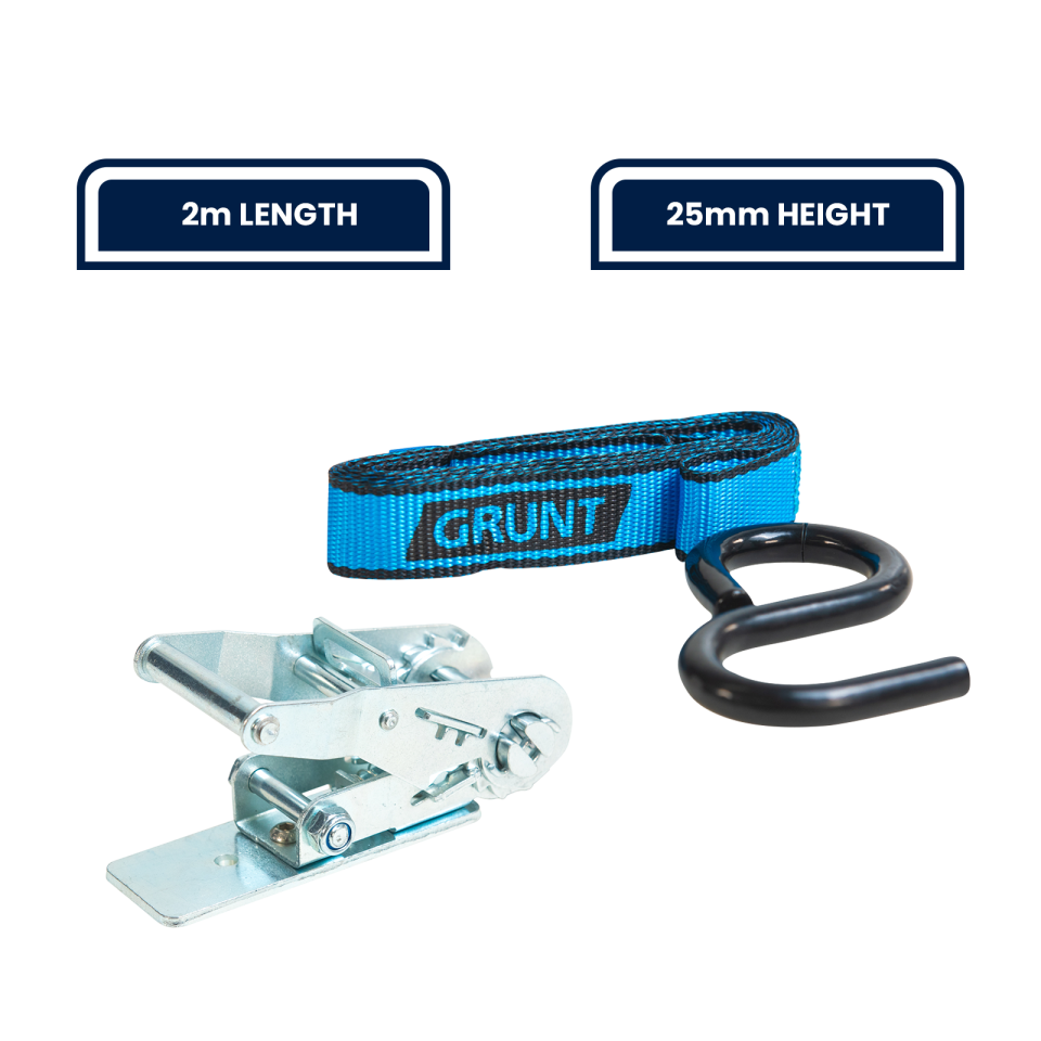 GRUNT 25mm x 2m Blue T Slot Roof Ratchet Tie Down – T-slot compatible ratchet strap for securing loads to roof racks and cargo rails. Easy-to-install T-bolt for tool-free attachment. Available at Bunnings AU and NZ.