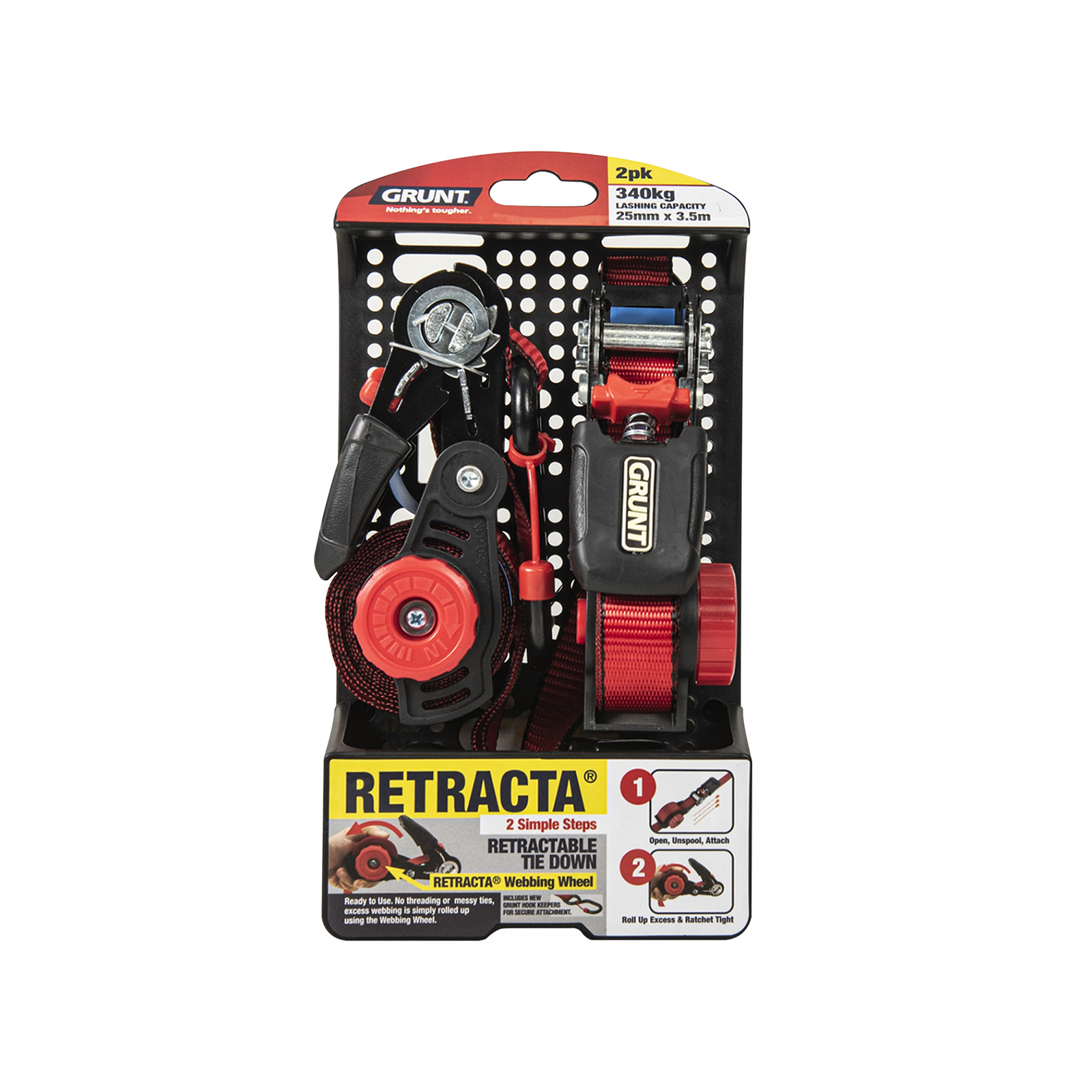 Grunt 25mm x 3.5m Black Retractable Tie Down Ratchet - 2 Pack