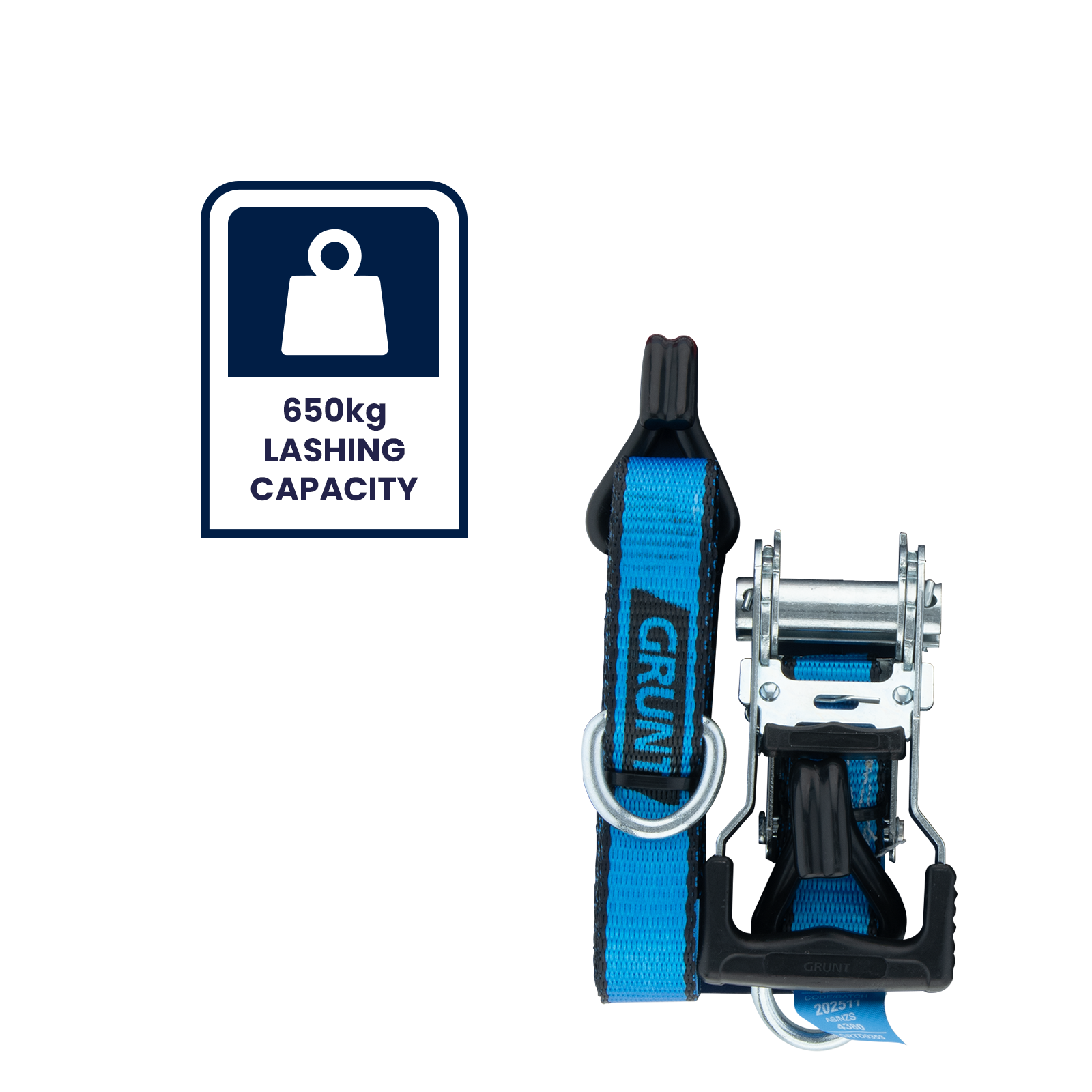 GRUNT 25mm x 4m Blue and Black Ratchet Tie Down Straps 2-Pack – compact ratchet straps for securing light-to-medium loads on trailers, utes, and roof racks. Easy-to-use ratchet mechanism. Available at Bunnings AU.