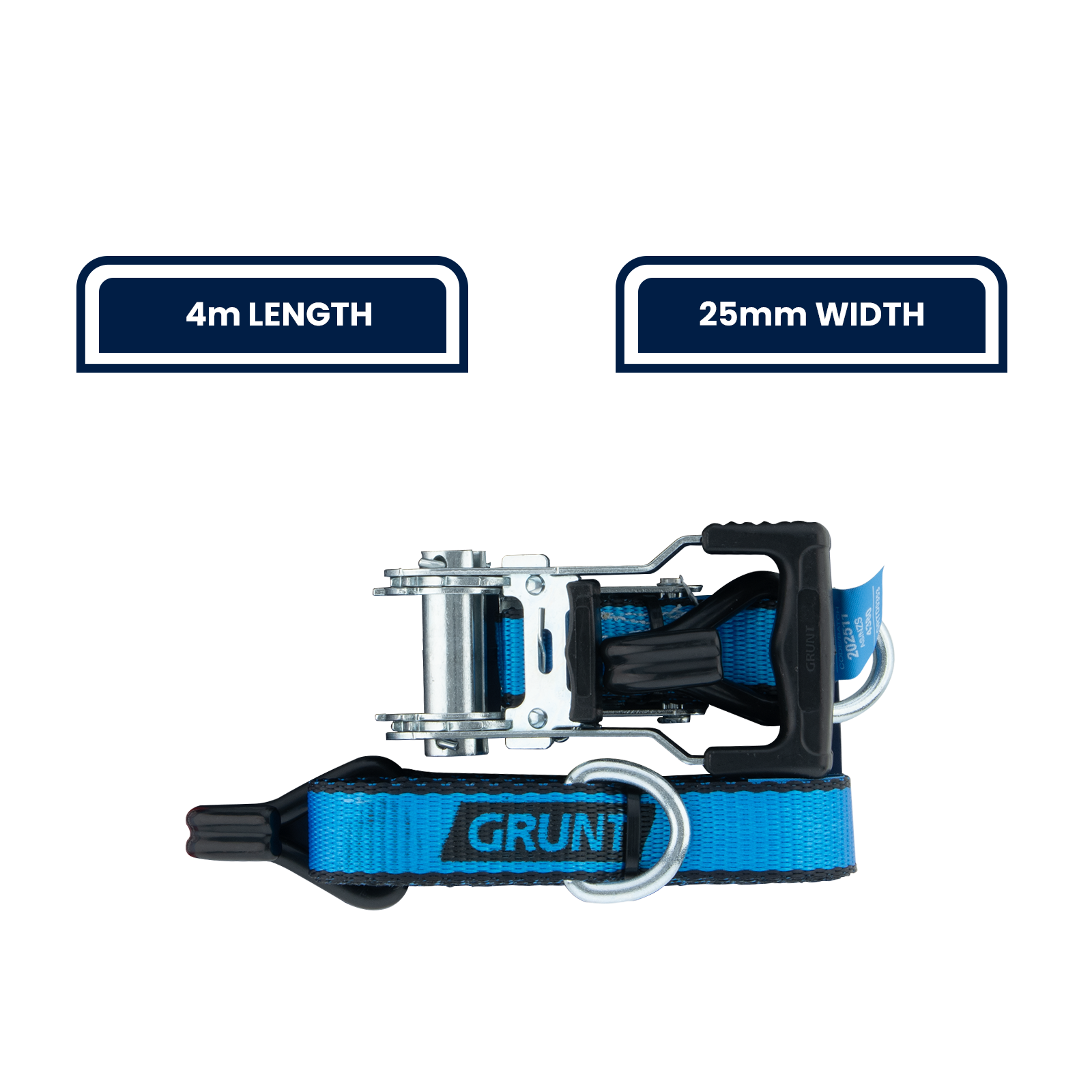 GRUNT 25mm x 4m Blue and Black Ratchet Tie Down Straps 2-Pack – compact ratchet straps for securing light-to-medium loads on trailers, utes, and roof racks. Easy-to-use ratchet mechanism. Available at Bunnings AU.