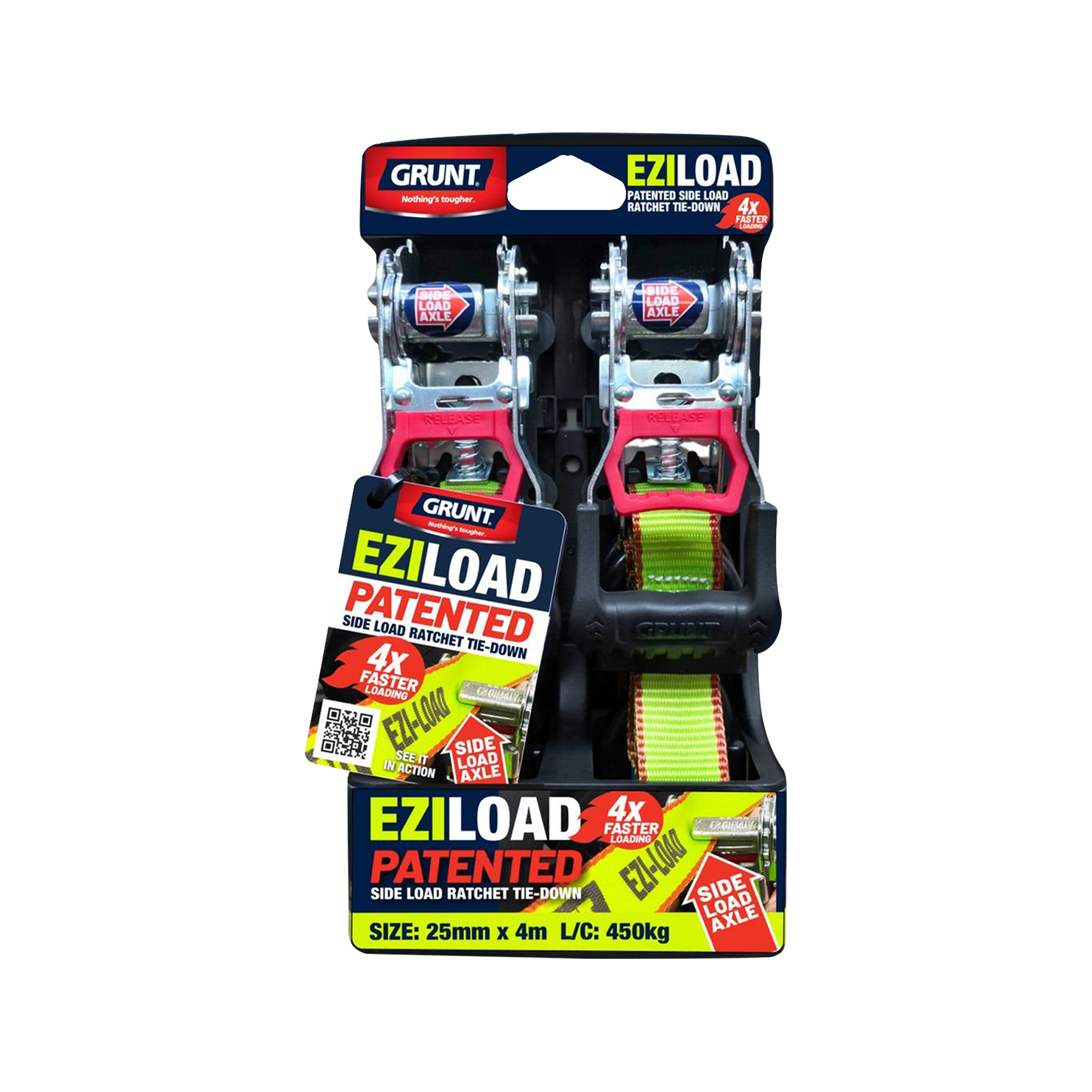 GRUNT Ezi-Load 25mm x 4m Green Ratchet Tie Down 2-Pack – easy-to-use ratchet straps with the Ezi-Load system for single-hand operation. Ideal for bikes and light cargo. Available at Bunnings AU and NZ.