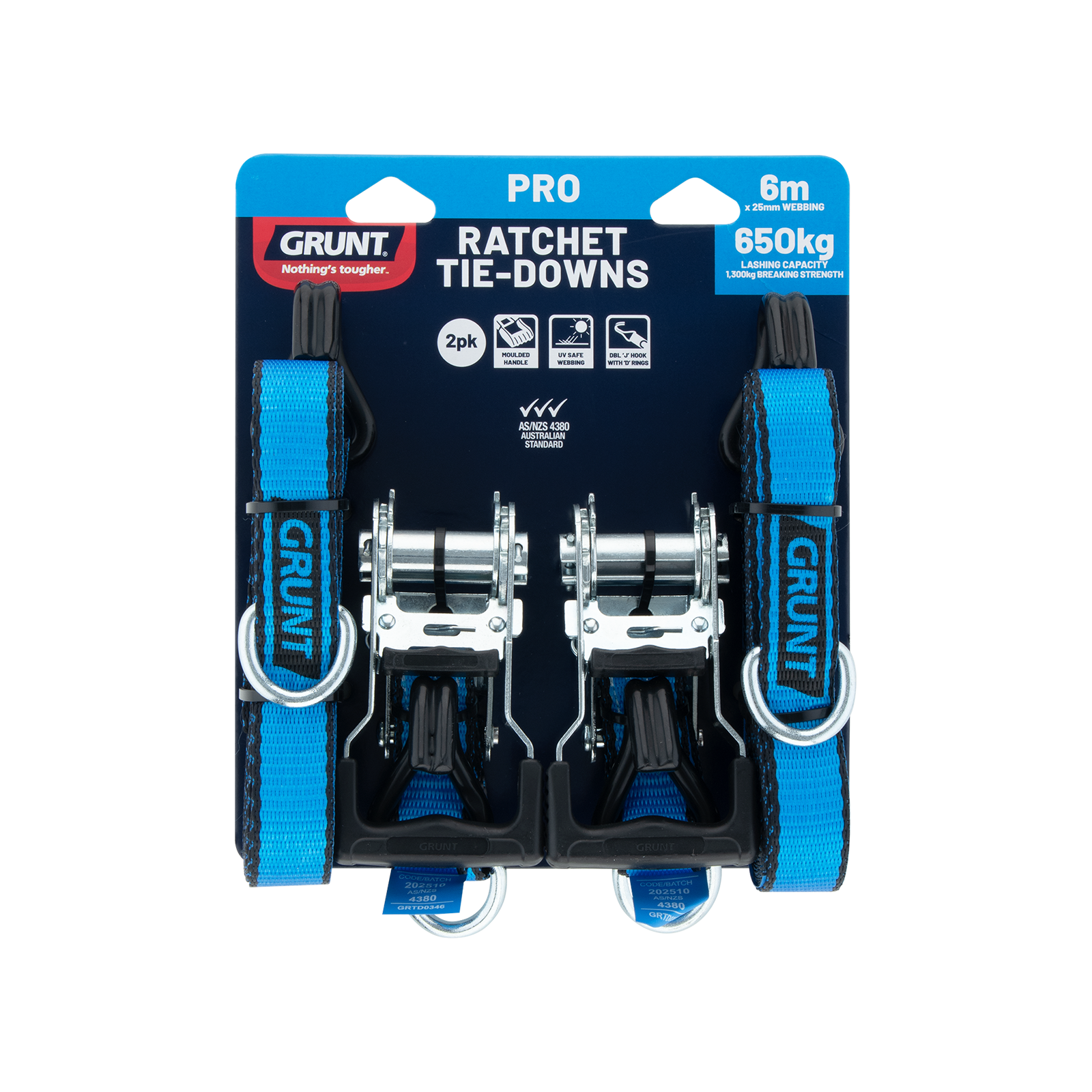 GRUNT 25mm x 6m Blue Ratchet Tie Down Strap 2-Pack – long-reach ratchet straps for securing furniture, equipment, and medium cargo. Reliable locking ratchet for trailer and ute transport. Available at Bunnings AU and NZ.