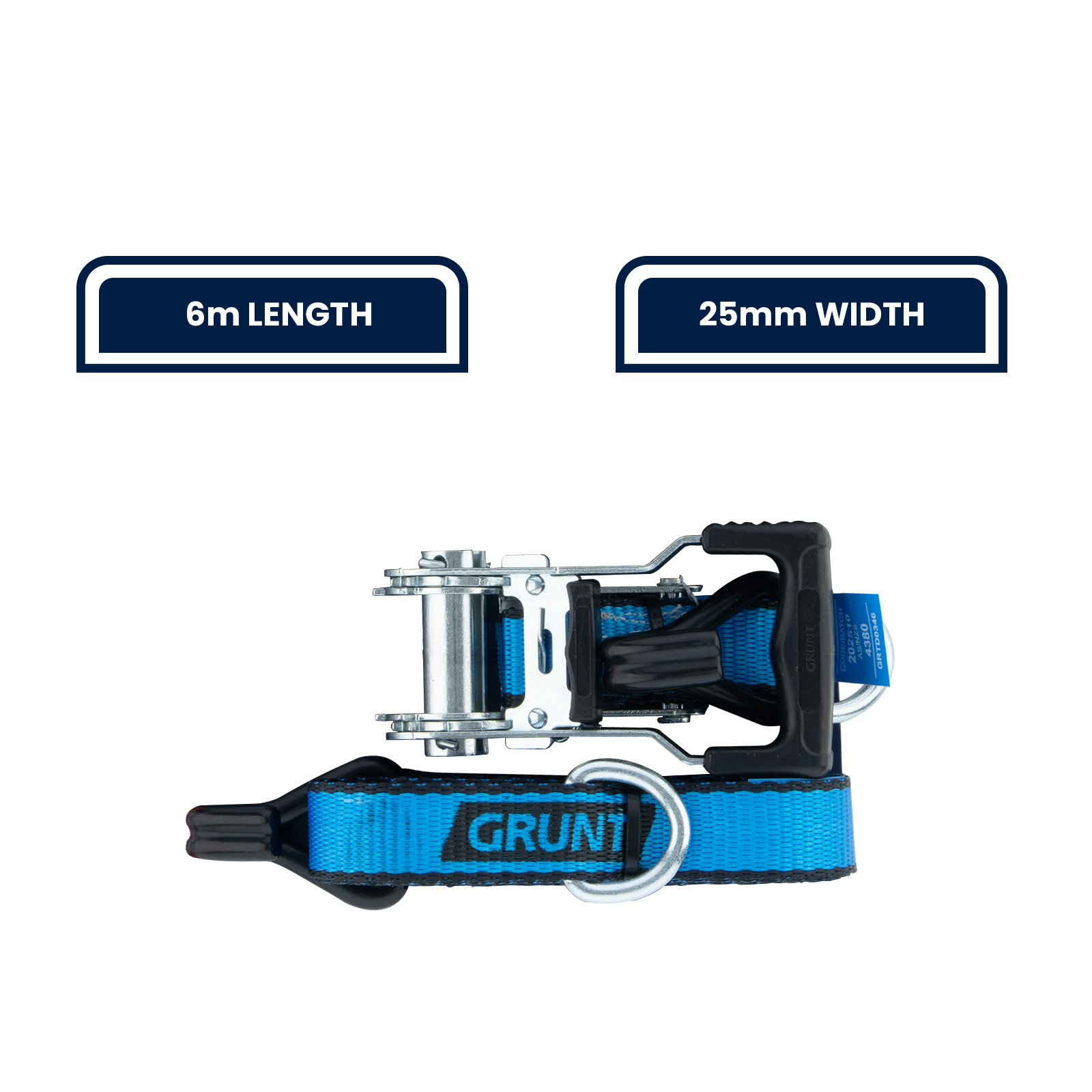 GRUNT 25mm x 6m Blue Ratchet Tie Down Strap 2-Pack – long-reach ratchet straps for securing furniture, equipment, and medium cargo. Reliable locking ratchet for trailer and ute transport. Available at Bunnings AU and NZ.