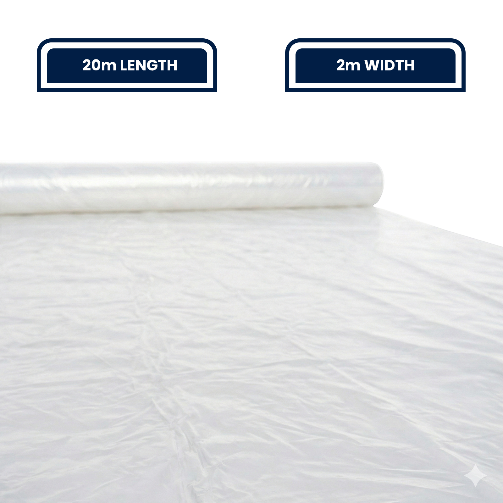 GRUNT 2m x 20m Clear 70um Multi Use Plastic Film – long-run transparent builders film for greenhouse covers, concrete curing, and dust barriers. UV-resistant and lightweight for easy handling. Available at Bunnings AU.