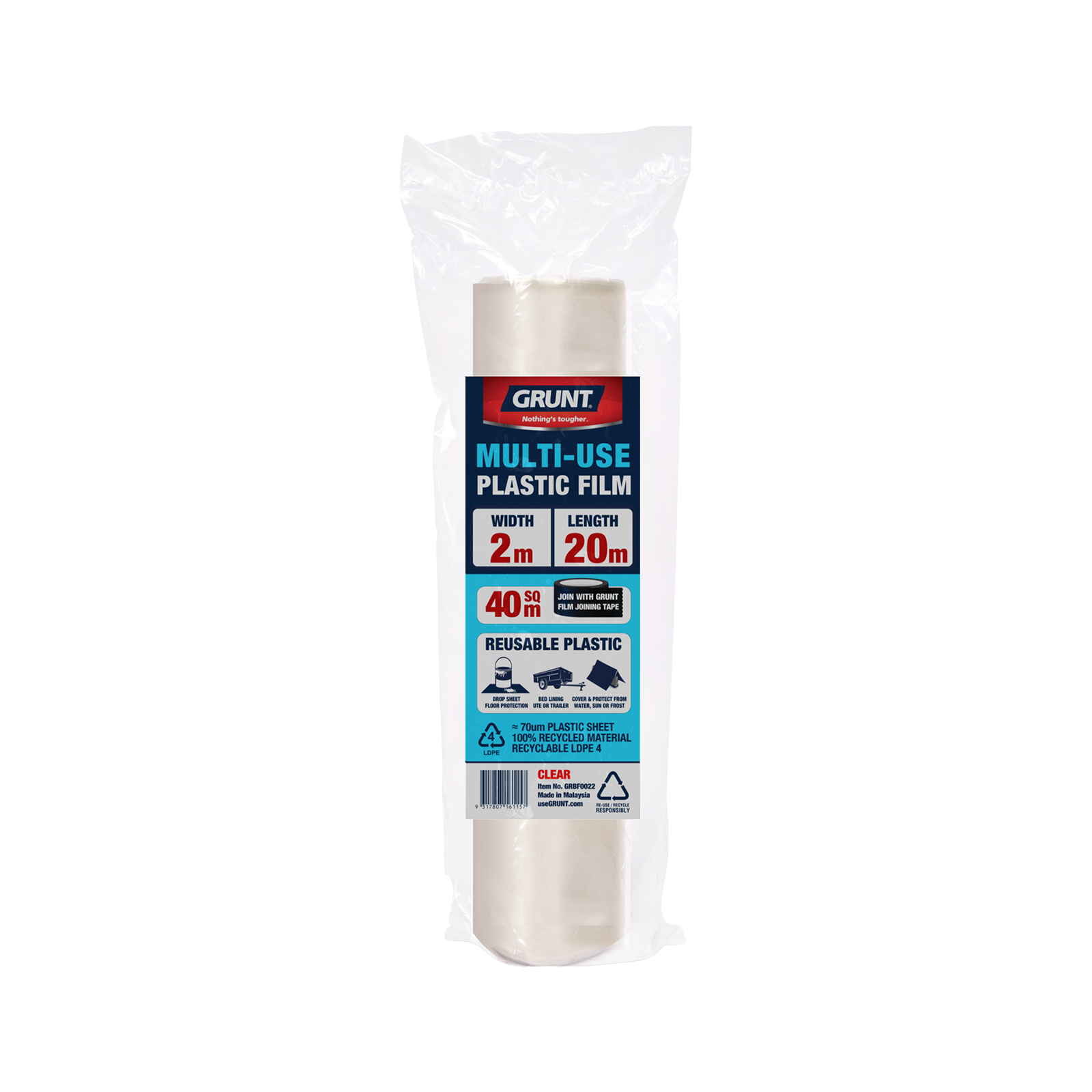Grunt 2m x 20m Clear 70um Multi use Plastic Film