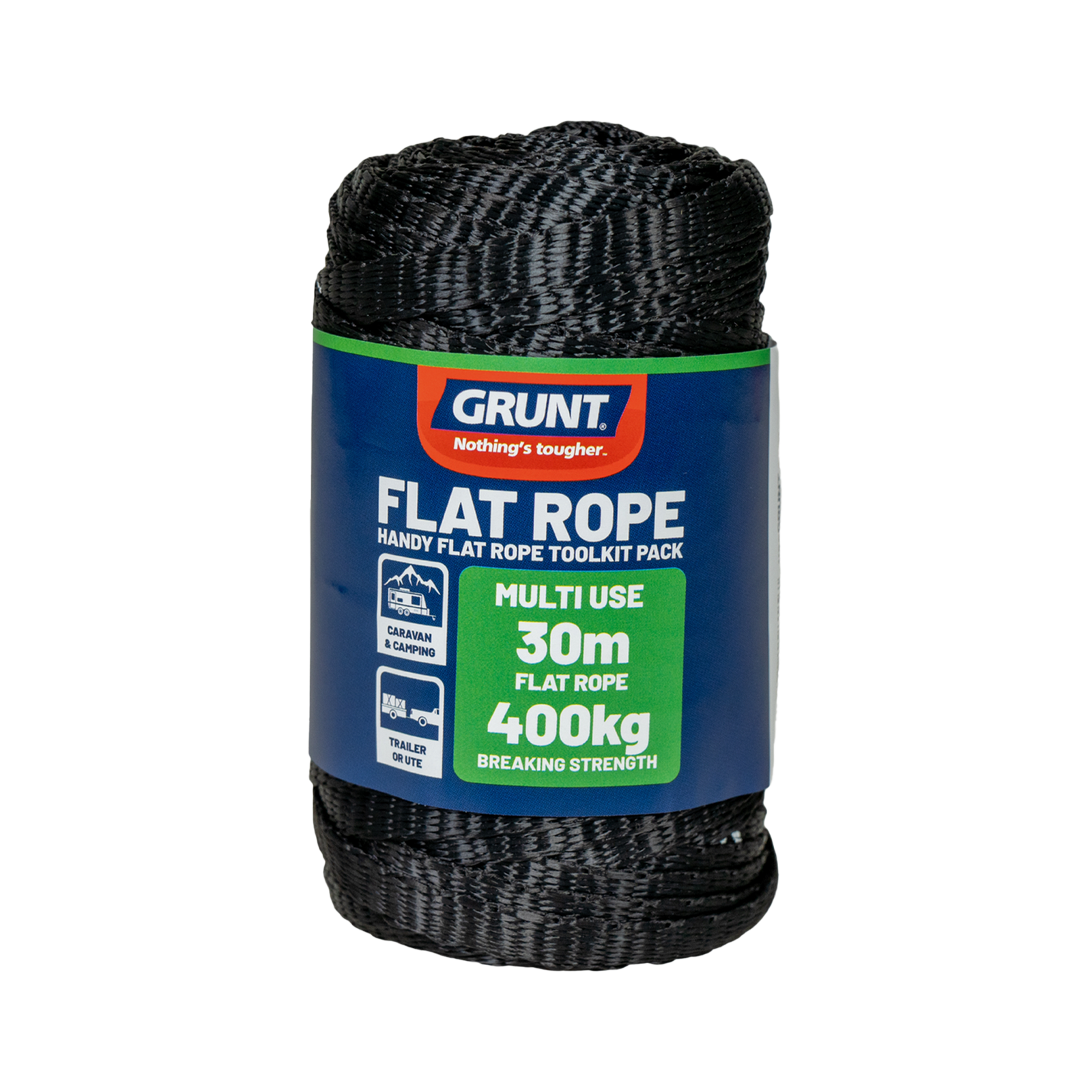 GRUNT 30m Black Flat Rope Refill Roll – replacement flat rope for ratchet tie-down straps and cargo securing systems. Durable black polyester webbing for ongoing load restraint use. Available at Bunnings AU and NZ.