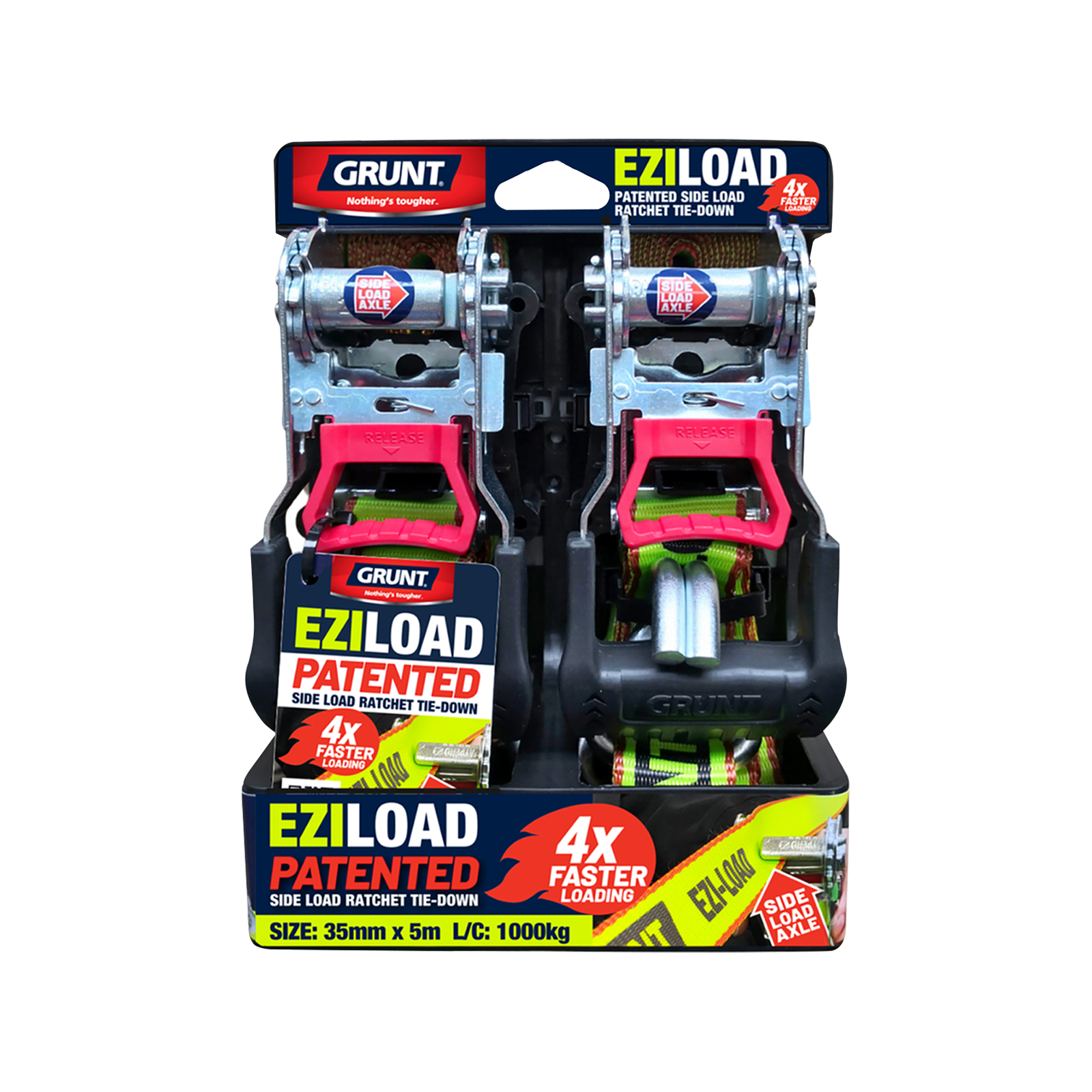 GRUNT Ezi-Load 35mm x 5m Green Ratchet Tie Down 2-Pack – mid-width Ezi-Load ratchet straps for easy single-hand use when securing motorcycles and medium cargo on trailers. Available at Bunnings NZ.