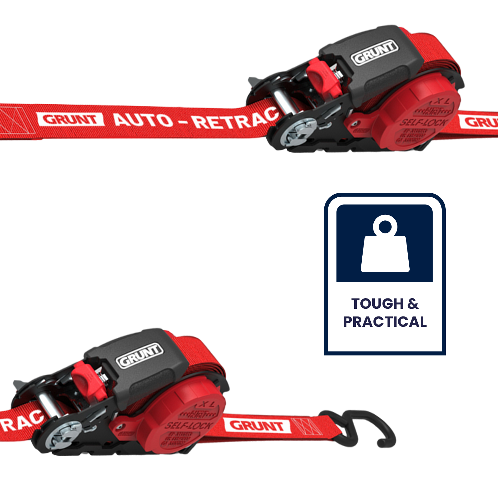 GRUNT 35mm x 5m Red Safety Auto Retractable Tie Down – self-retracting ratchet strap for tangle-free, single-hand load securing on trailers and utes. Auto-rewind for fast deployment and neat storage. Available at Bunnings AU and NZ.
