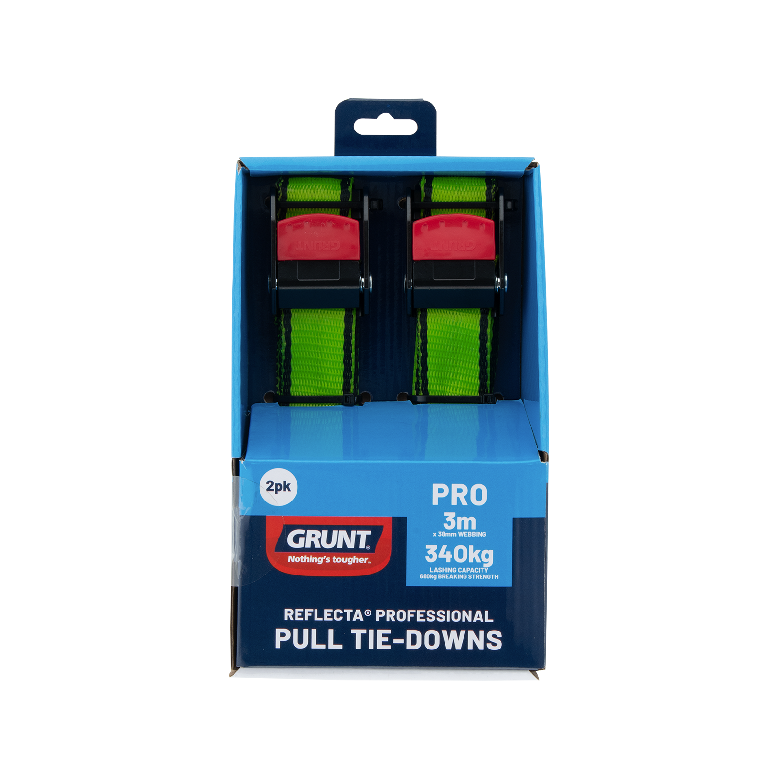 Grunt Pro 38mm x 3m Yellow Cam Buckle Pull Tie Down - 2 Pack