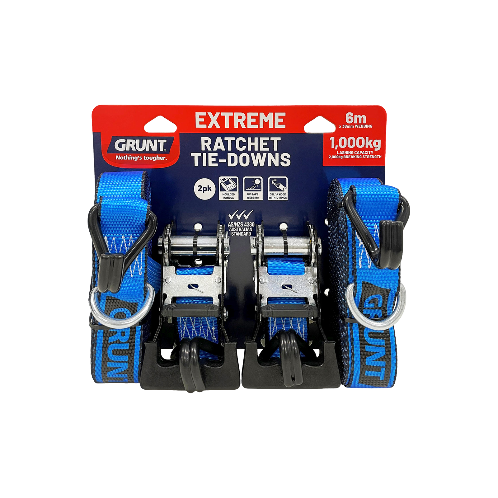 Grunt 38mm x 6m Blue Ratchet Tie Down 2 - Pack
