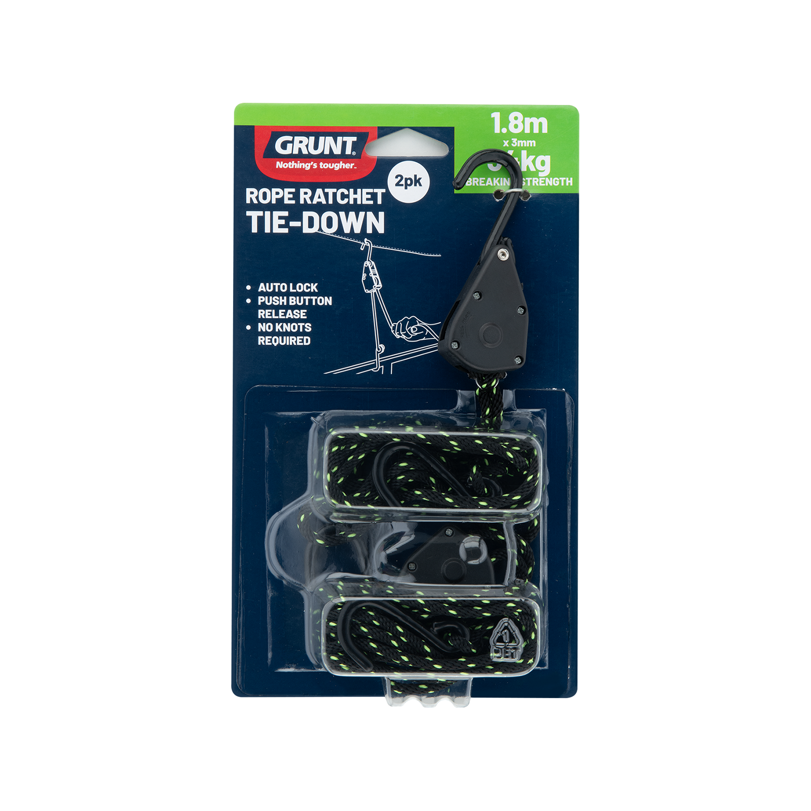 GRUNT 3mm x 1.8m Black Rope Ratchet Tie Down 2-Pack – mini rope ratchet straps for securing small loads, bikes, and light cargo. Compact and easy to store. Available at Bunnings AU and NZ.