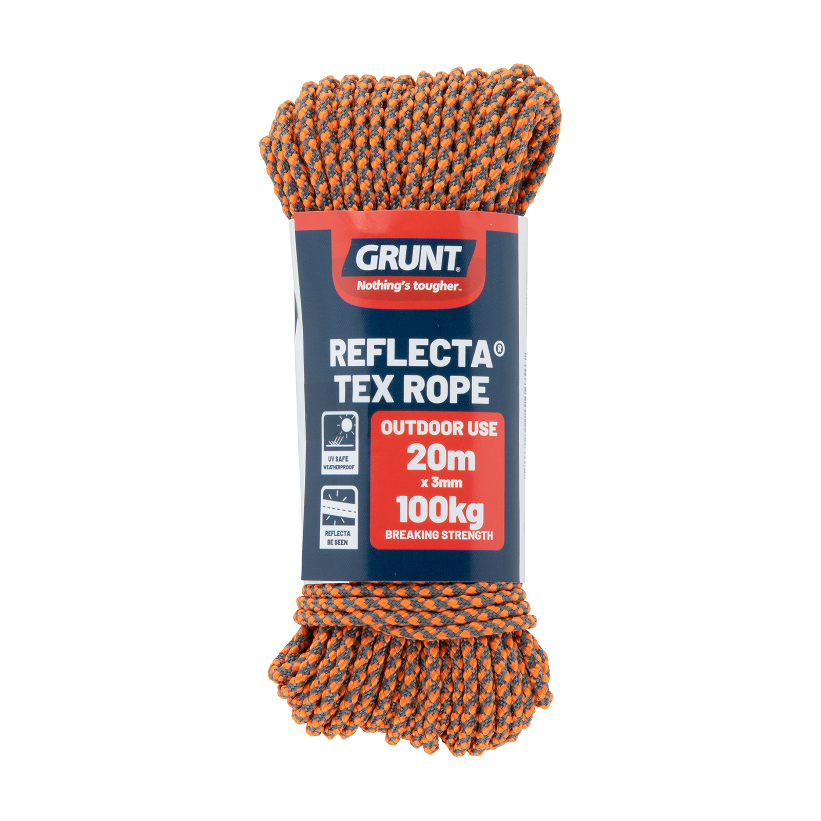 GRUNT 3mm x 20m Orange Textured Reflective Rope – high-visibility safety rope with reflective yarn for night-time marking, camping, and site safety barriers. Easy-grip texture for secure handling. Available at Bunnings AU and NZ.