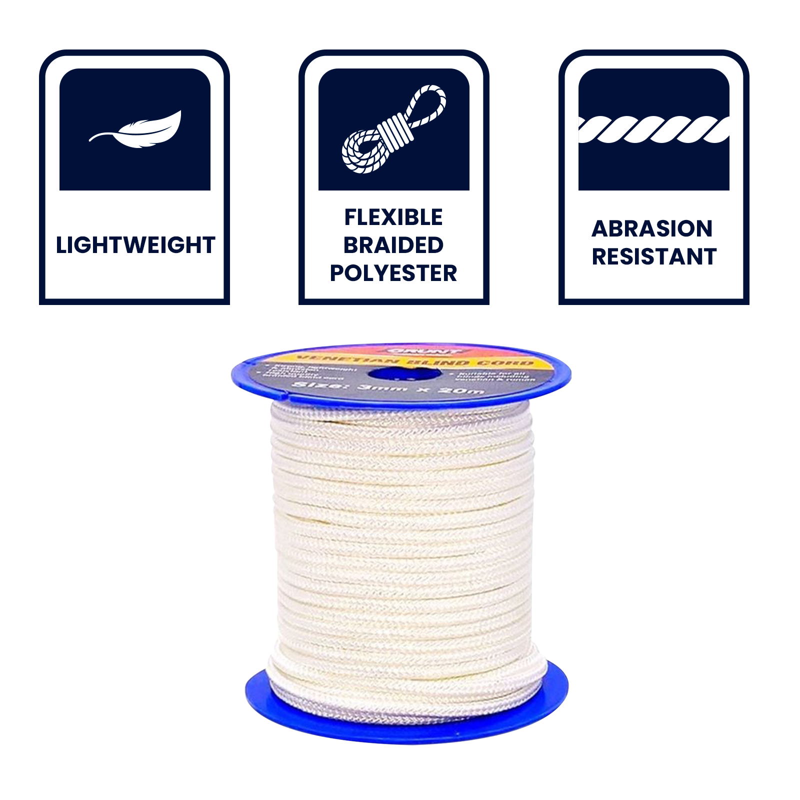 GRUNT 3mm x 20m White Venetian Blind Cord – durable replacement cord for venetian and horizontal blinds. Easy-to-handle and smooth finish for smooth blind operation. Available at Bunnings AU and NZ.
