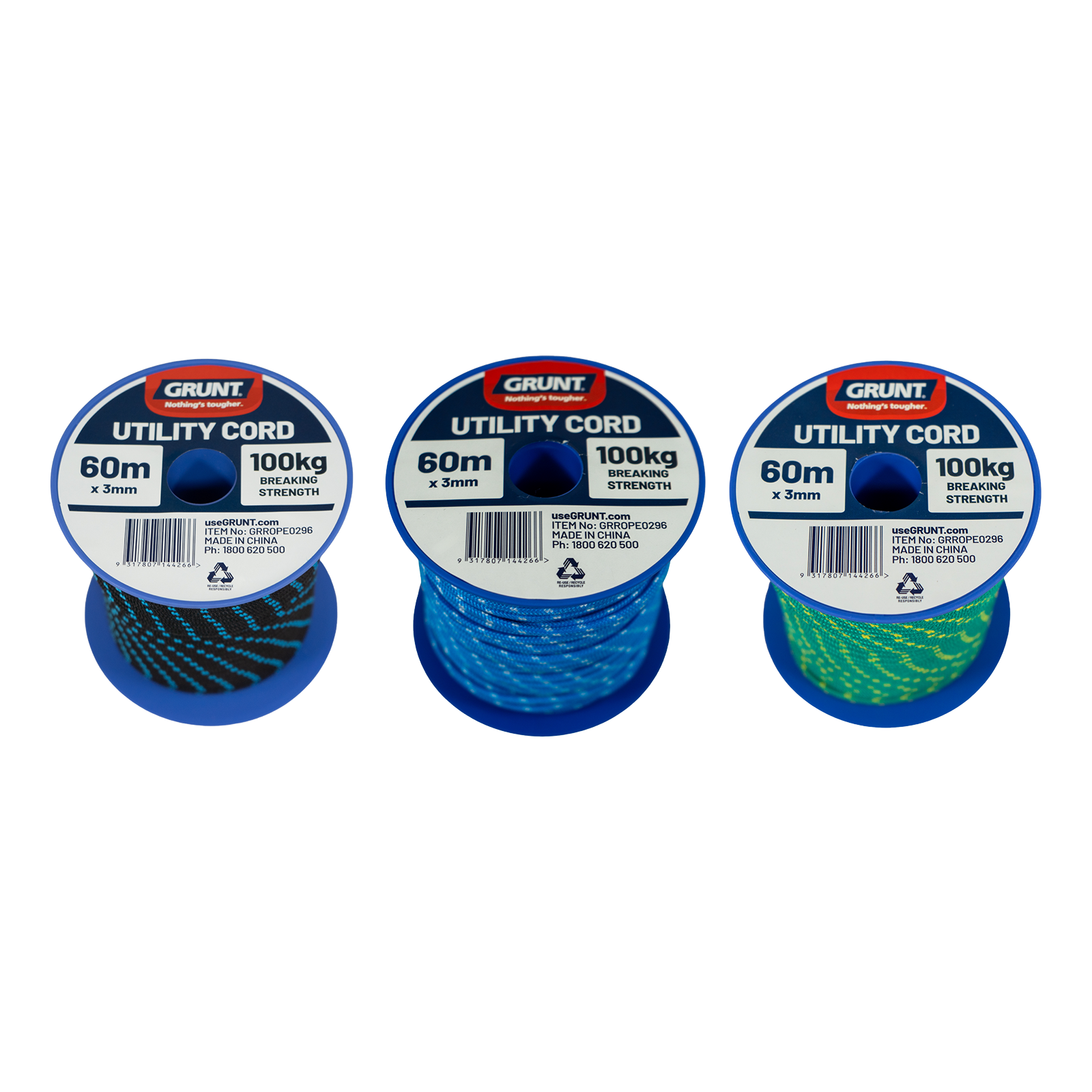 GRUNT 3mm x 60m Assorted Colour Utility Cord – long-run colourful lightweight cord for general-purpose tying, bundling, camping, and DIY projects. UV-resistant and durable. Available at Bunnings AU.