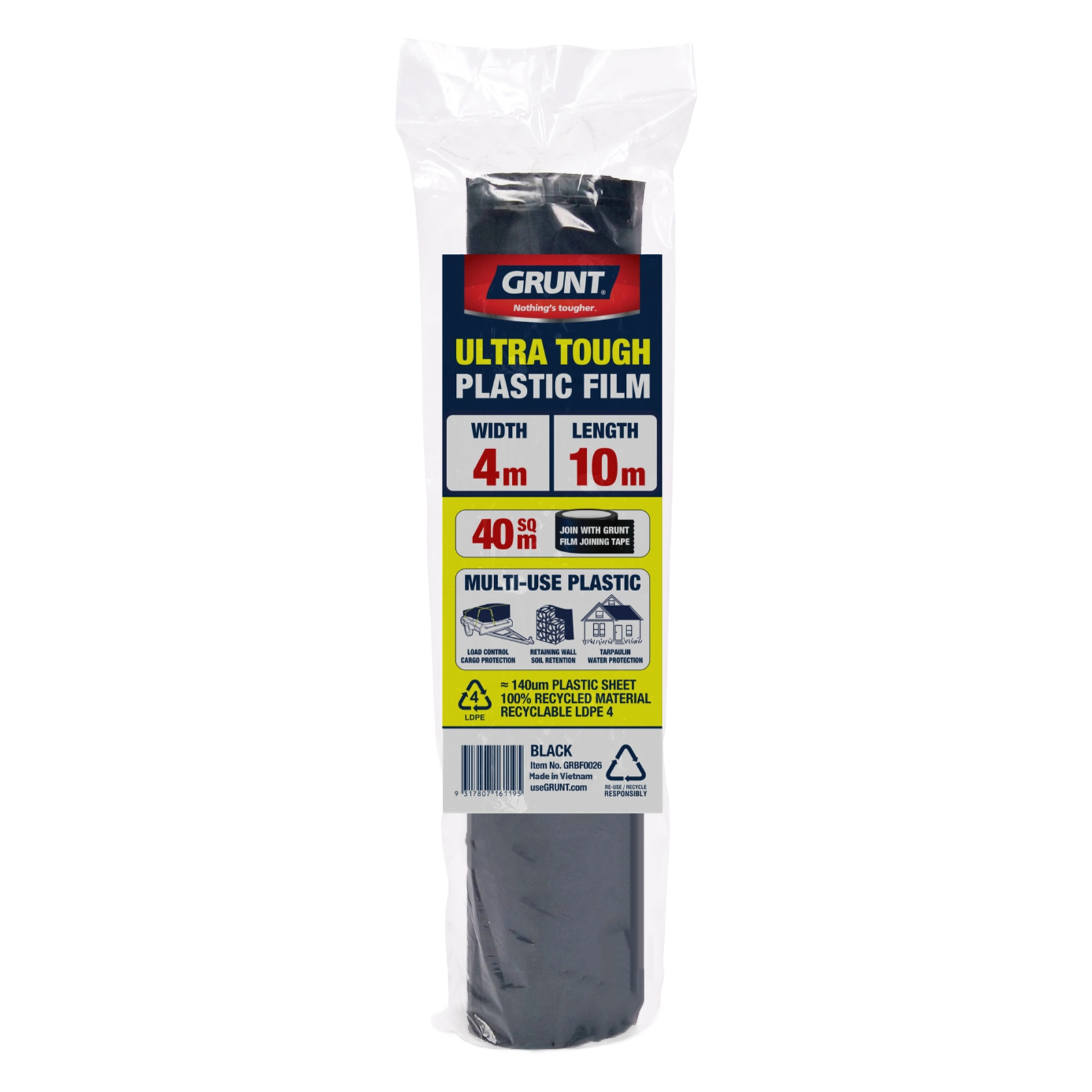 GRUNT 4m x 10m Black 140um Multi Use Plastic Film – extra-wide heavy-duty builders film for large area vapour barriers and DPC membrane applications. Ultra-thick tear-resistant construction grade film. Available at Bunnings AU.