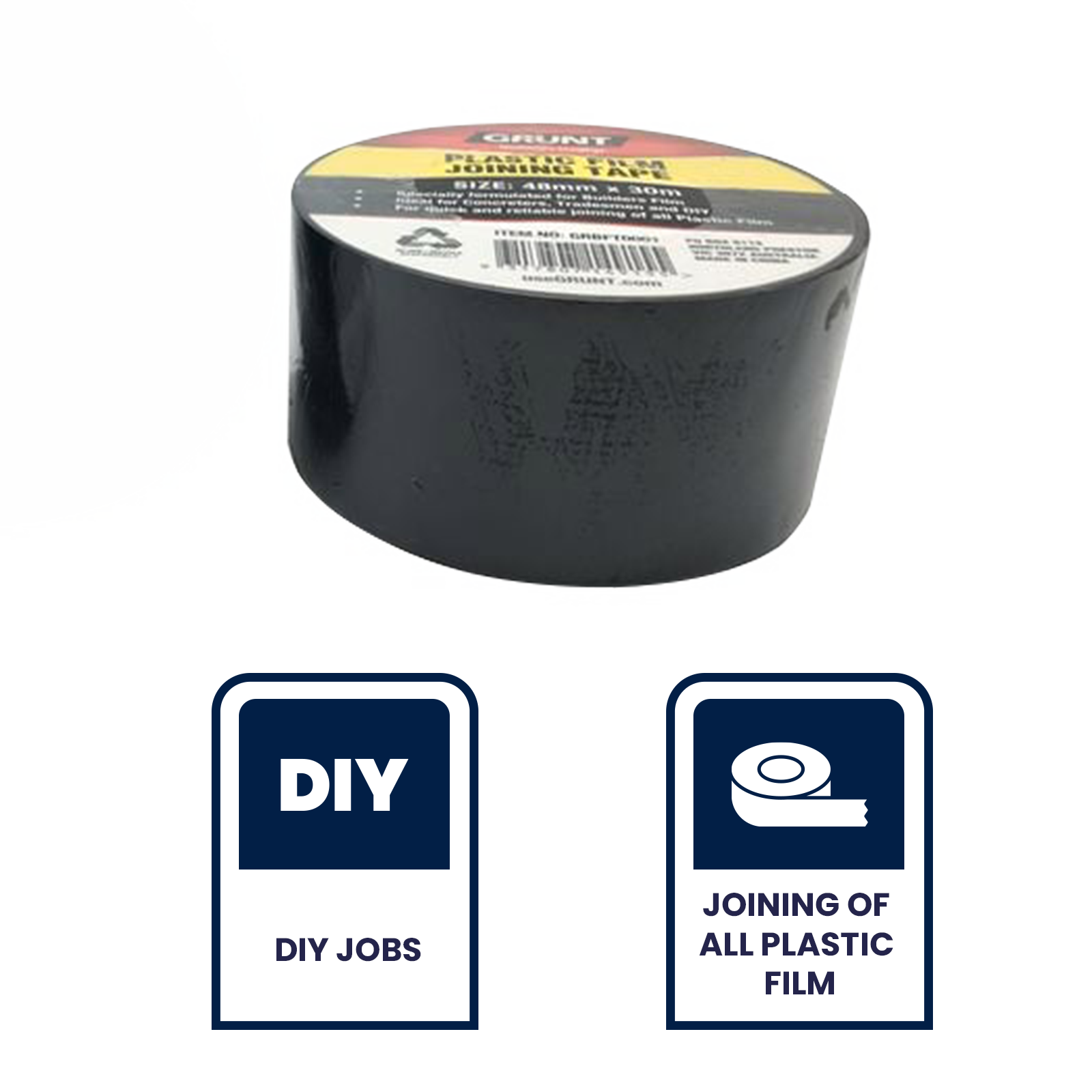 GRUNT 48mm x 30m Black Builders Film Joining Tape – heavy-duty self-adhesive tape for sealing and joining builders film, vapour barriers, and DPC membranes. UV-resistant and weatherproof. Available at Bunnings AU.