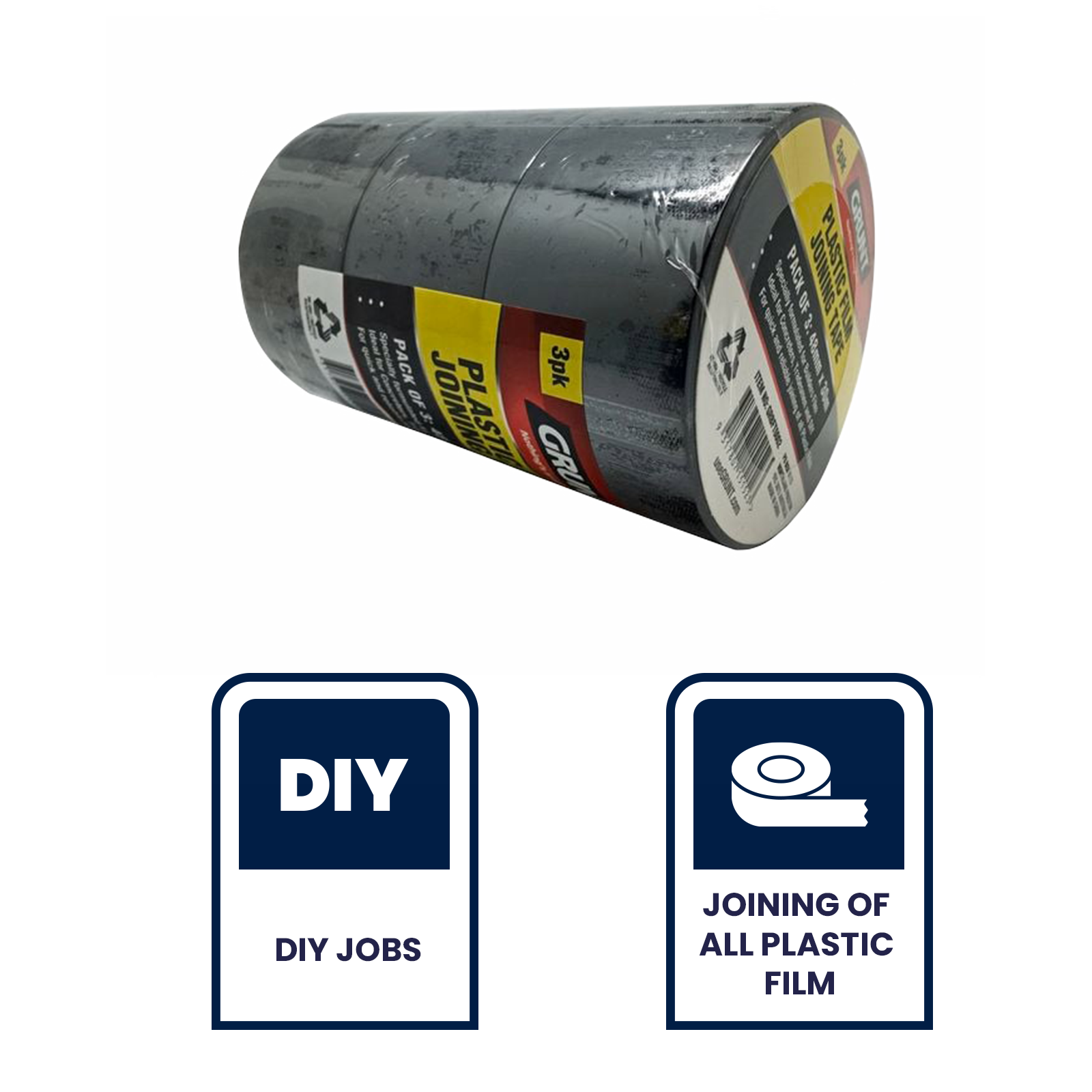 GRUNT 48mm x 30m Black Builders Film Tape 3-Pack – economy multi-pack of builders film joining tape for sealing and joining polythene sheeting on construction sites. Strong adhesion for DPC and vapour barriers. Available at Bunnings AU.